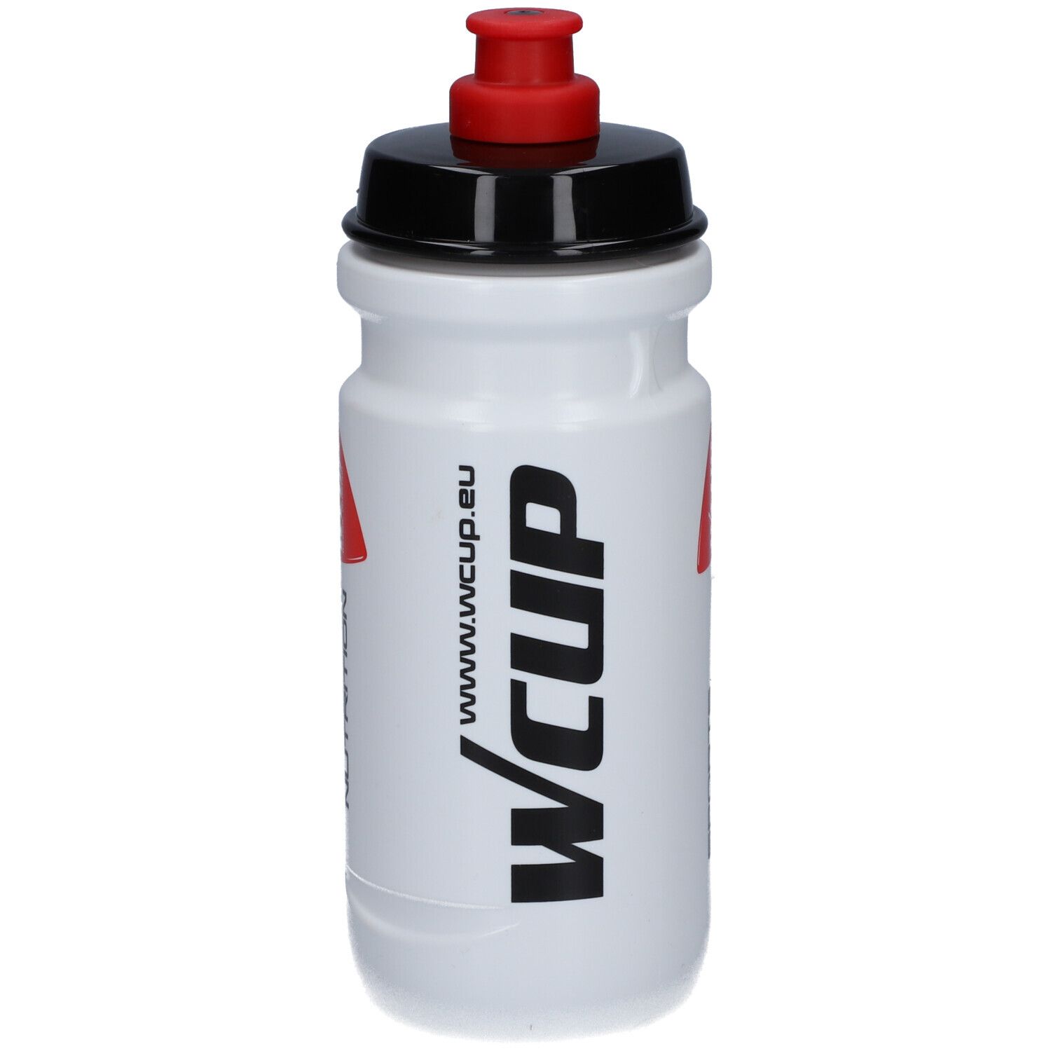 Weiße Trinkflasche mit schwarzem Deckel und rotem Verschluss. Aufschrift: WCUP. www.wcup.eu.