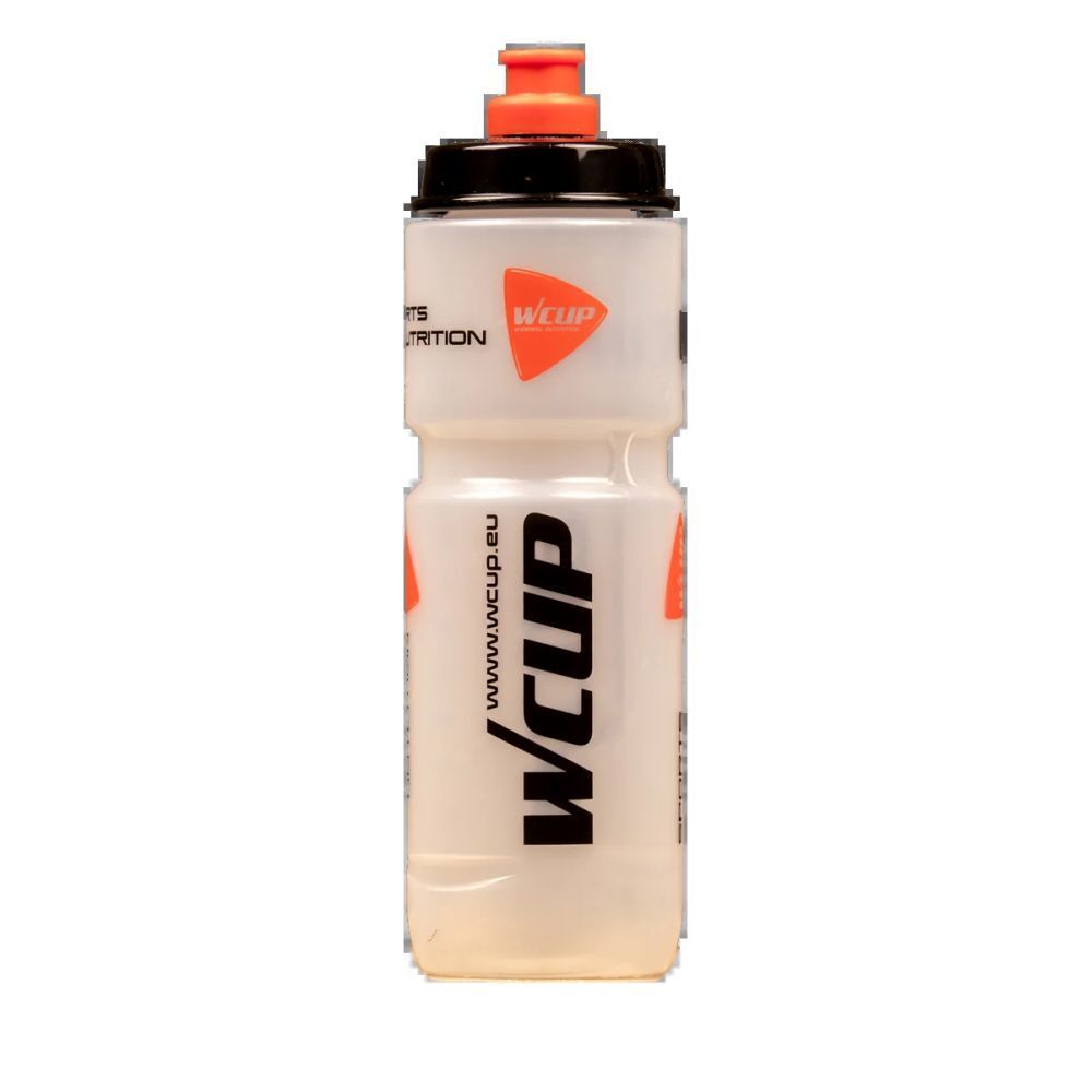 Bouteille d'eau transparente avec couvercle noir et fermeture orange. Logo et inscription WCUP. www.wcup.eu.