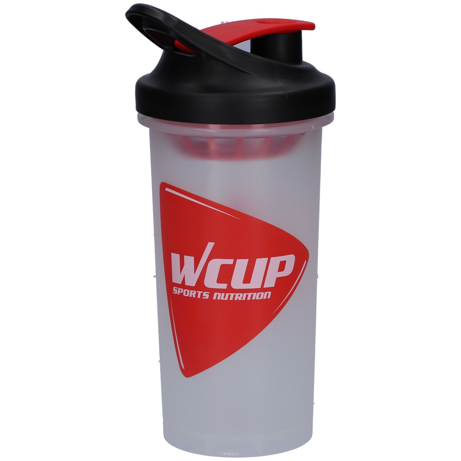Transparenter Shaker mit schwarzem Deckel und rotem Verschluss. Roter WCUP-Schriftzug auf rotem Schild. Sport Nutrition.