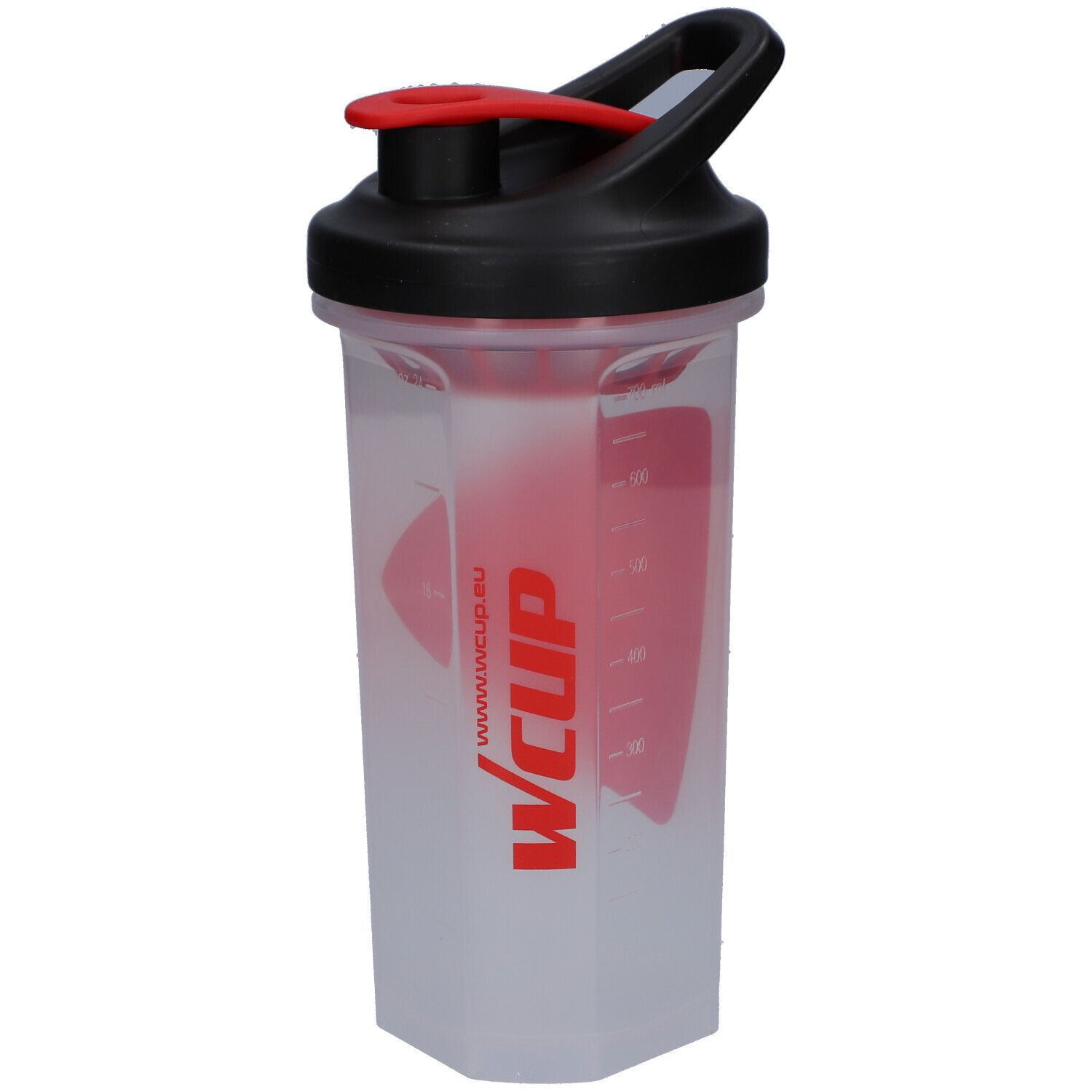 Transparenter Shaker mit schwarzem Deckel und rotem Verschluss. Roter WCUP-Schriftzug auf rotem Schild. www.wcup.eu.