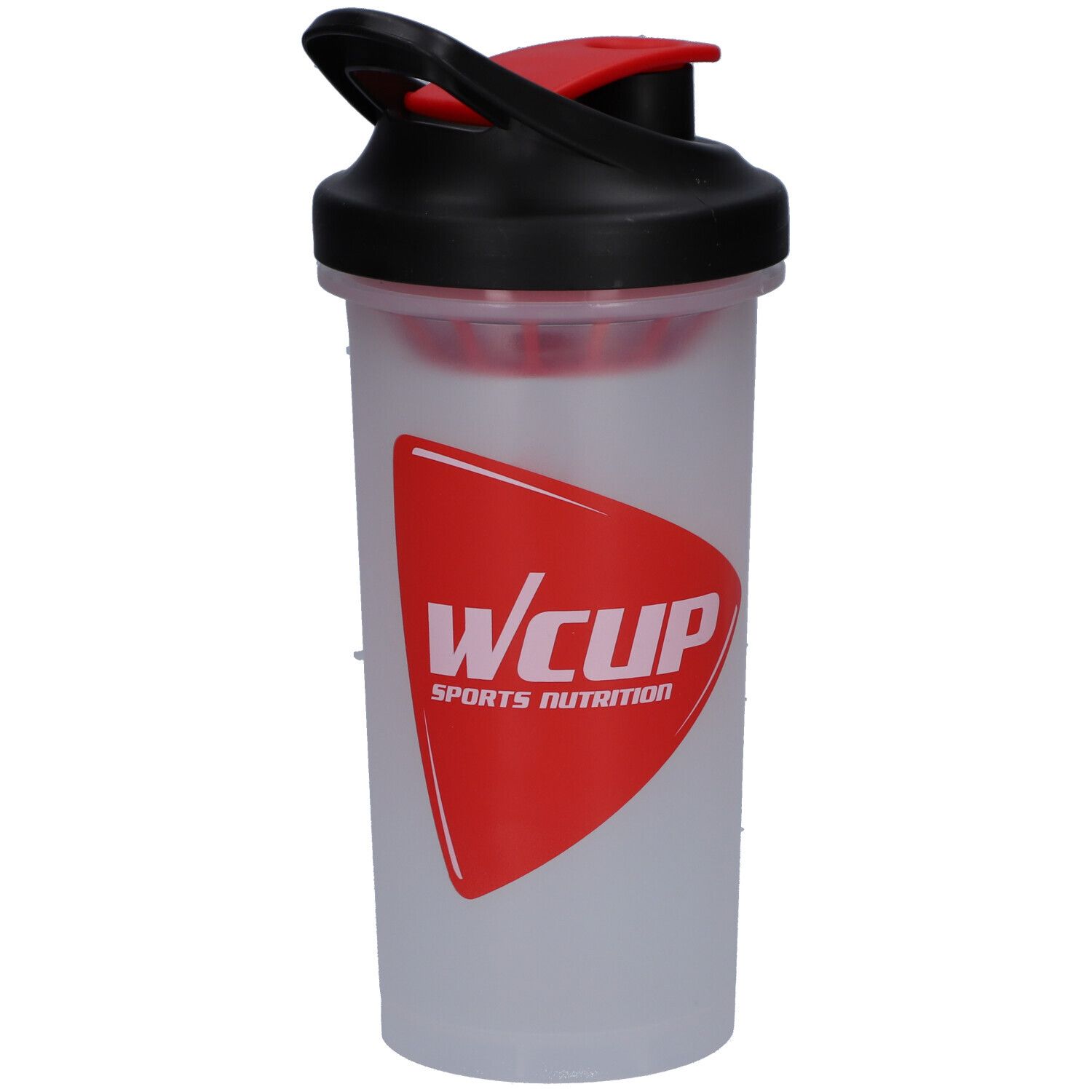 Transparenter Shaker mit schwarzem Deckel und rotem Verschluss. Roter WCUP-Schriftzug auf rotem Schild. Sport Nutrition.