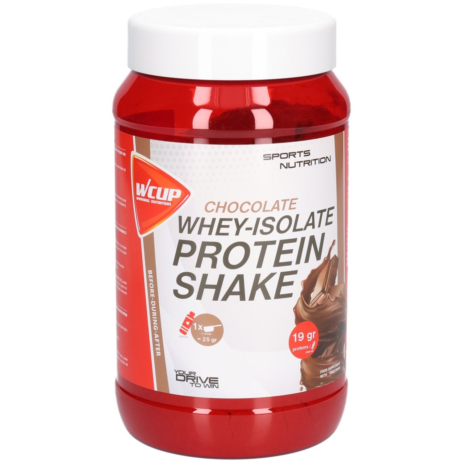 Rote Dose mit weißem Deckel. Aufschrift: Chocolate Whey-Isolate Protein Shake. Logo: wcup. 19 g Protein.