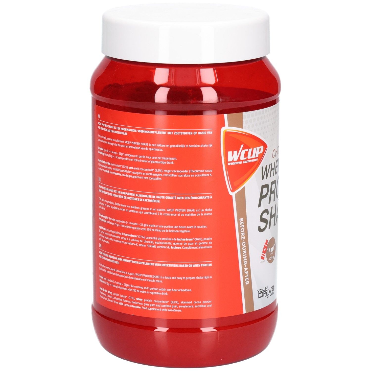 Rote Dose mit weißem Deckel. Rückseite mit Text in verschiedenen Sprachen. Logo: wcup. Braune Schrift.