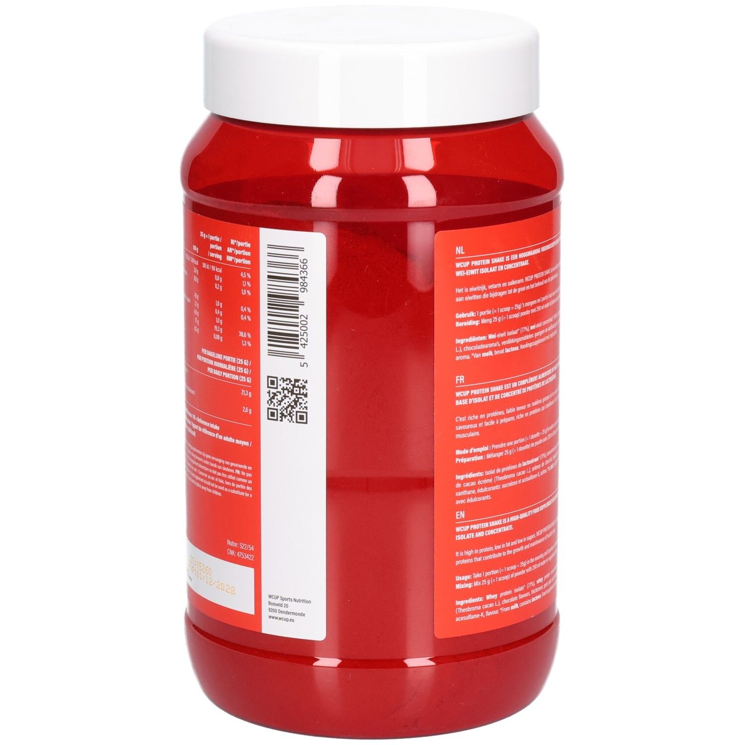 Rote Dose mit weißem Deckel. Rückseite mit Text und QR-Code. Text in verschiedenen Sprachen.