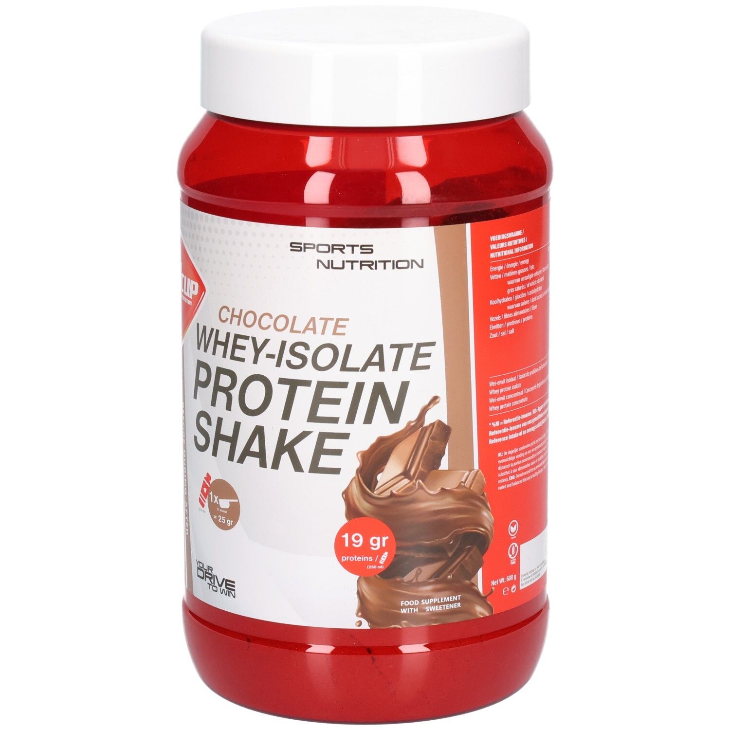 Rote Dose mit weißem Deckel. Aufschrift: Chocolate Whey-Isolate Protein Shake. Logo: wcup. 19 g Protein.