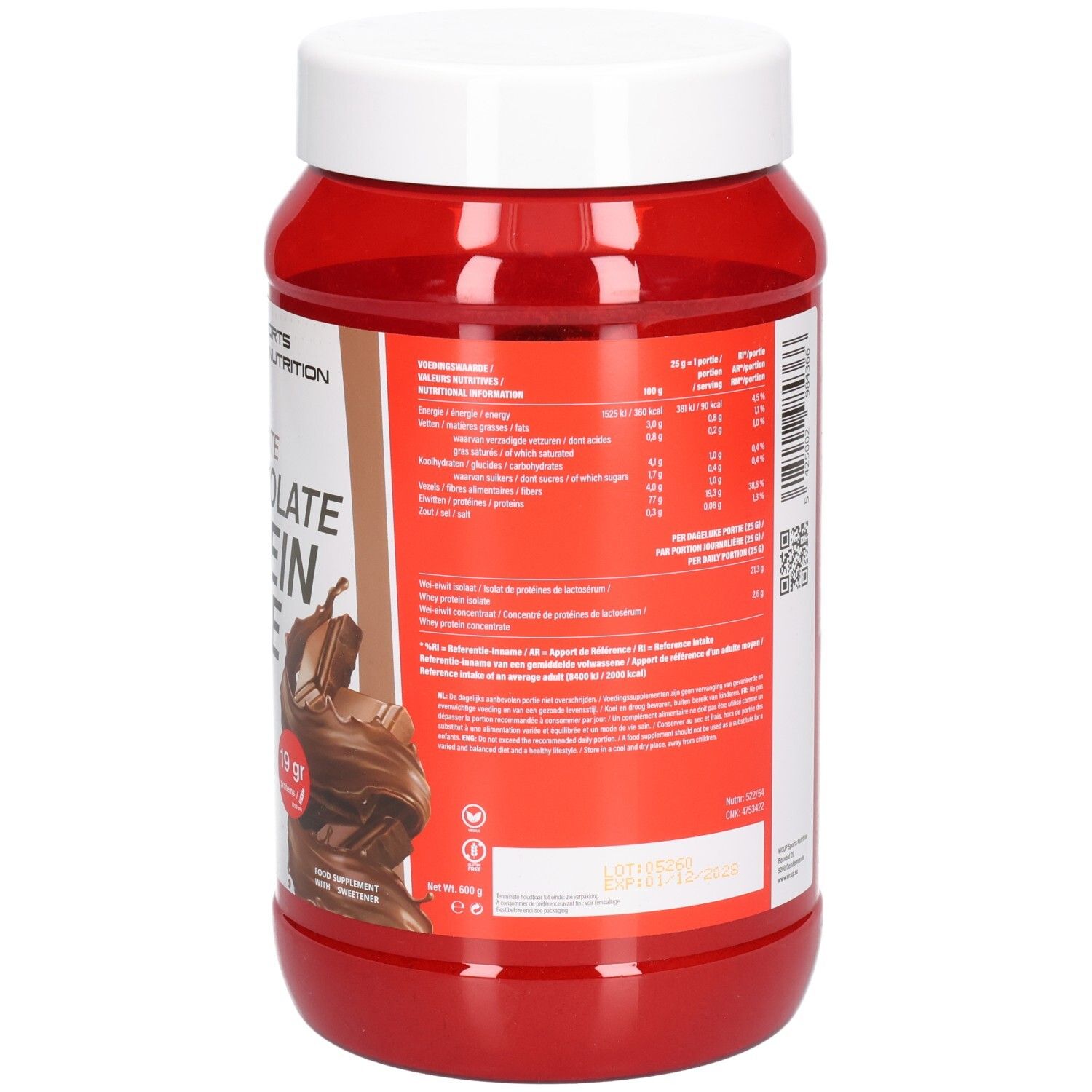 Rote Dose mit weißem Deckel. Rückseite mit Text und Nährwertangaben. Logo: wcup. QR-Code.