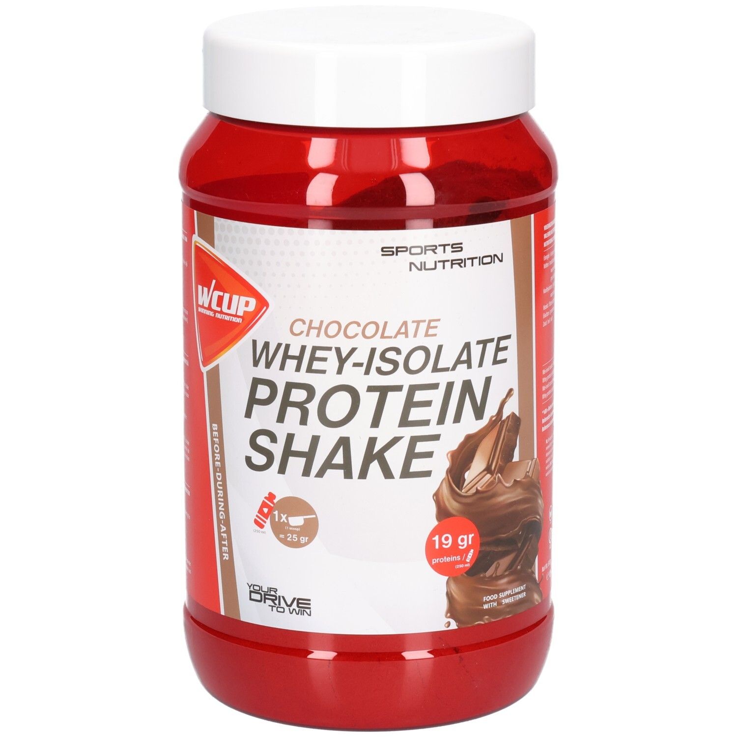 Rote Dose mit weißem Deckel. Aufschrift: Chocolate Whey-Isolate Protein Shake. Logo: wcup. 19 g Protein.