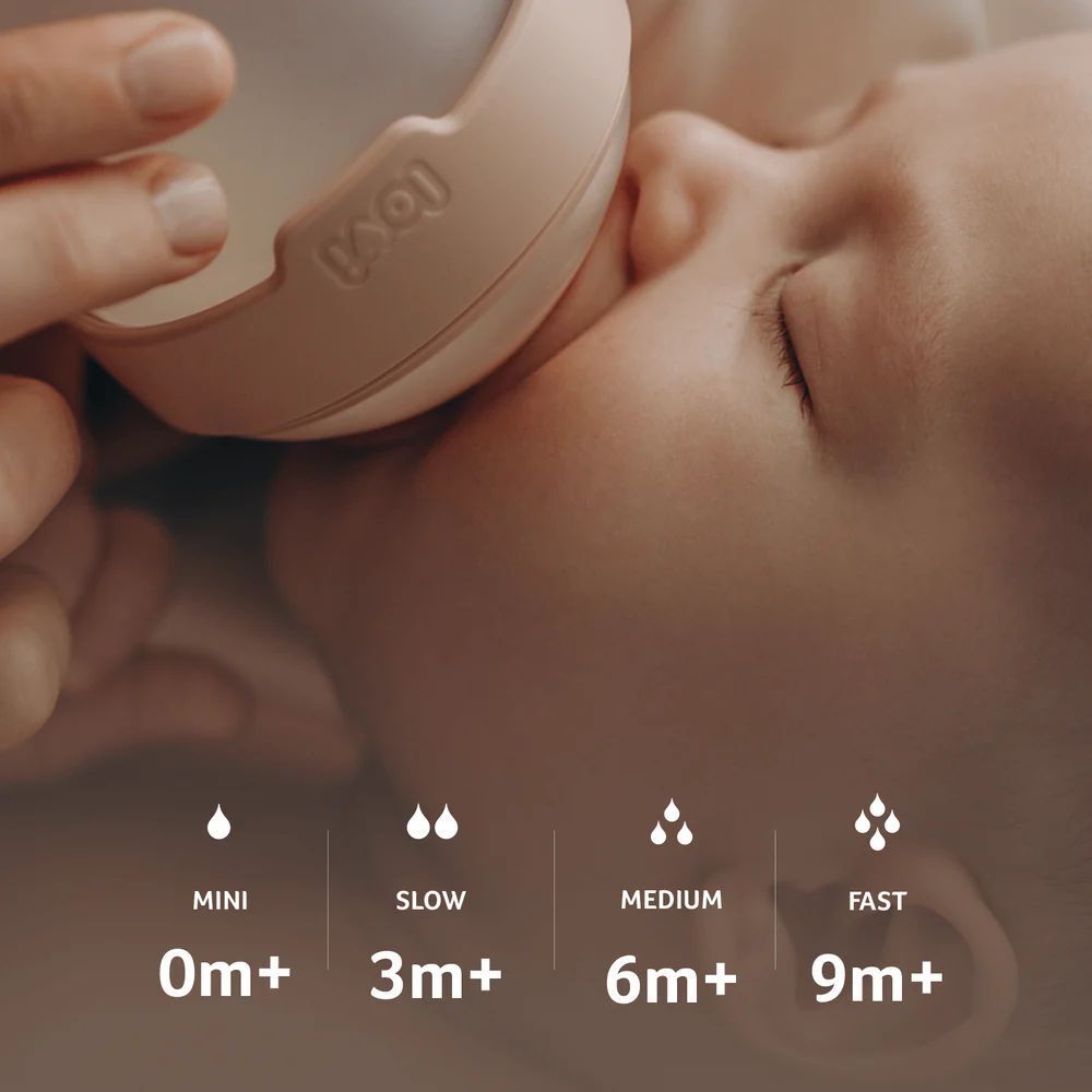 Baby trinkt aus einem Sauger. Text: Mini, Slow, Medium, Fast. Altersangaben.