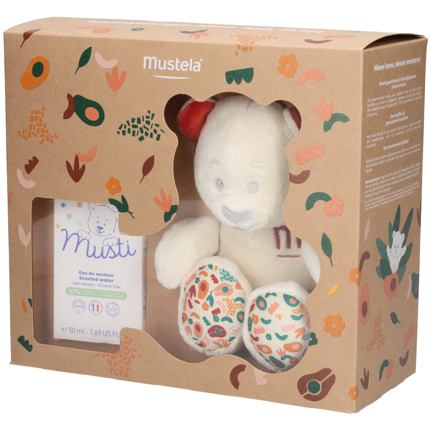 Mustela Geschenkset mit Plüschbär und Duftwasser.