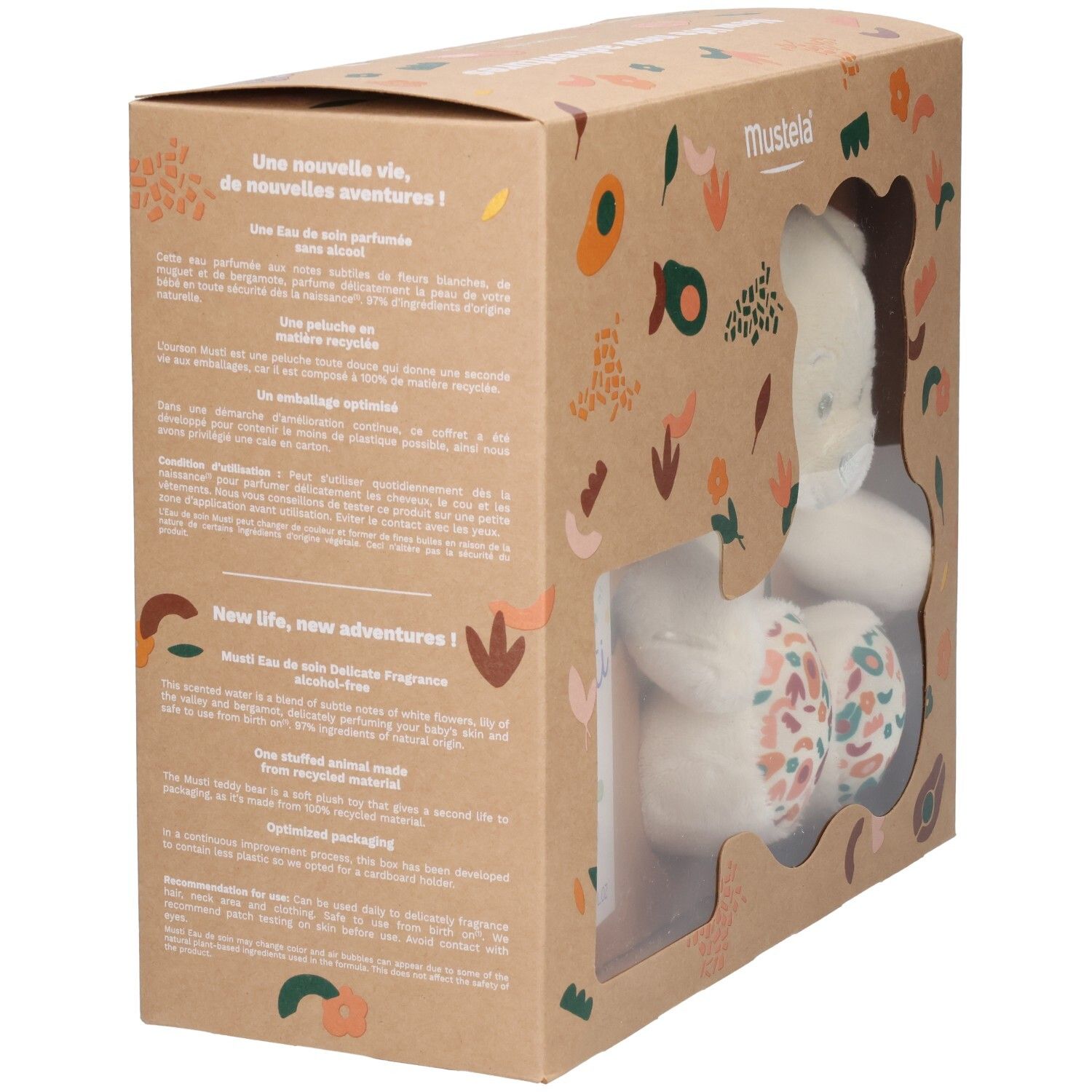 Mustela Geschenkset mit Plüschbär und Duftwasser, Seitenansicht.