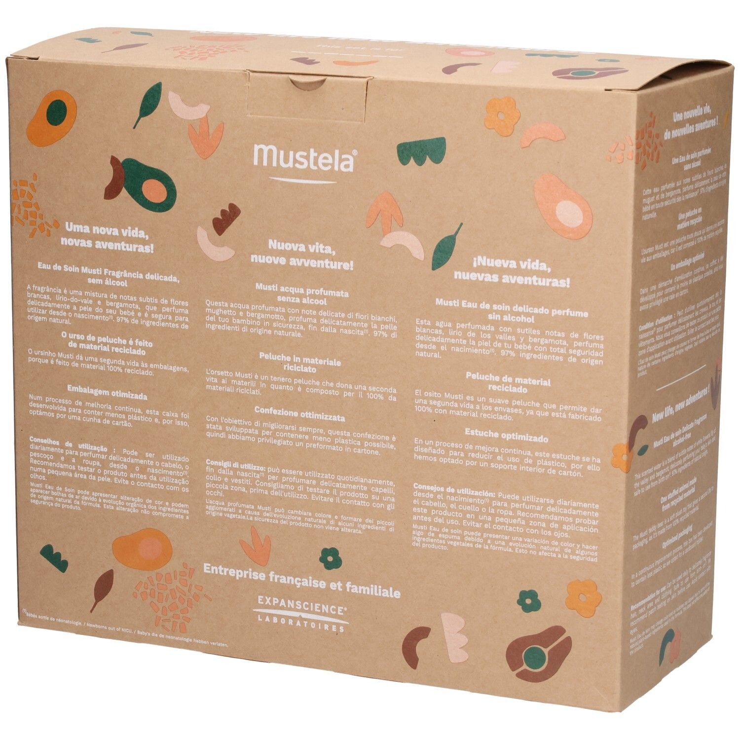 Mustela Geschenkset mit Plüschbär und Duftwasser, Rückansicht.
