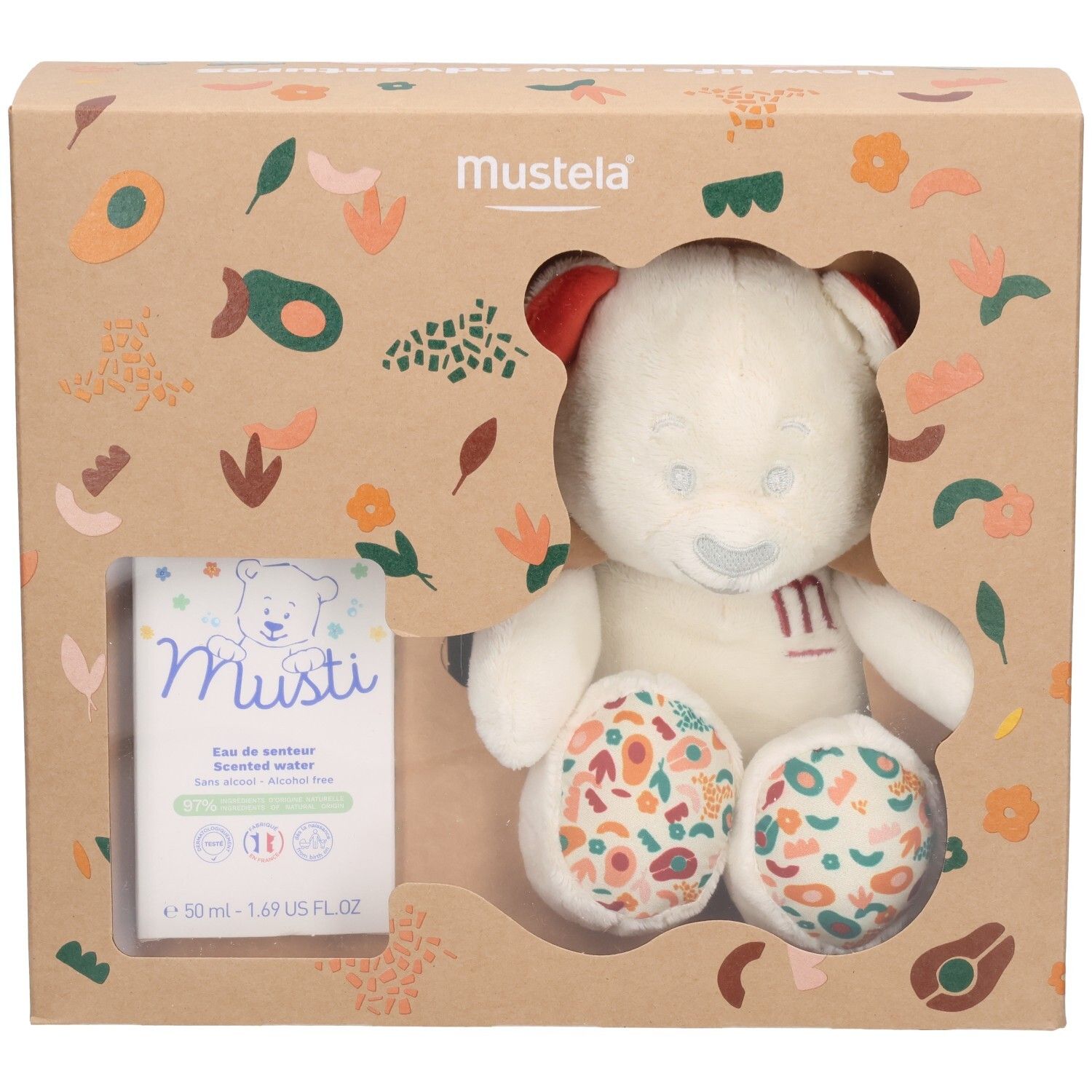 Mustela Geschenkset mit Plüschbär und Duftwasser.
