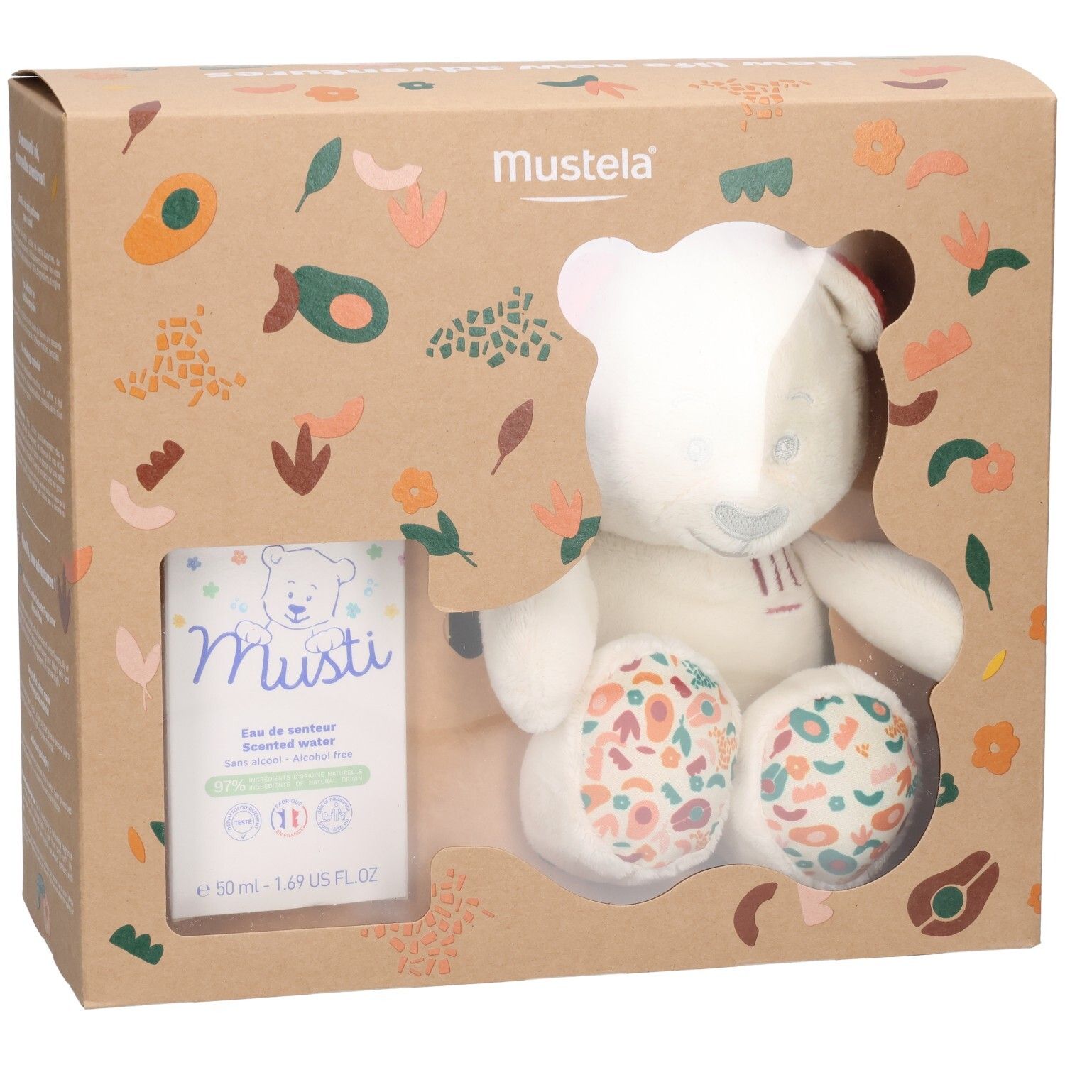 Mustela Geschenkset mit Plüschbär und Duftwasser, Nahaufnahme.