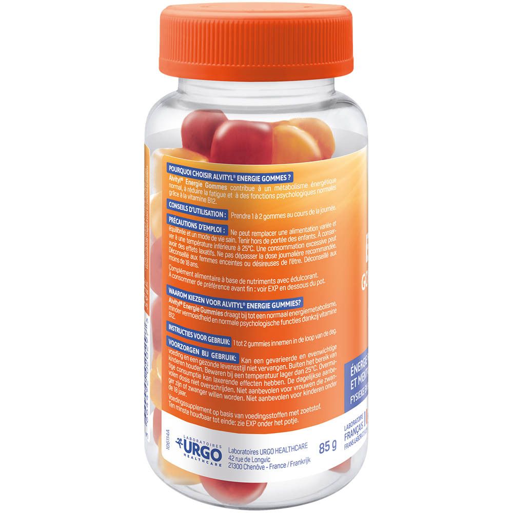 Dos du flacon. Informations textuelles, dont conseils d'utilisation et ingrédients. Bouchon orange. 85g.