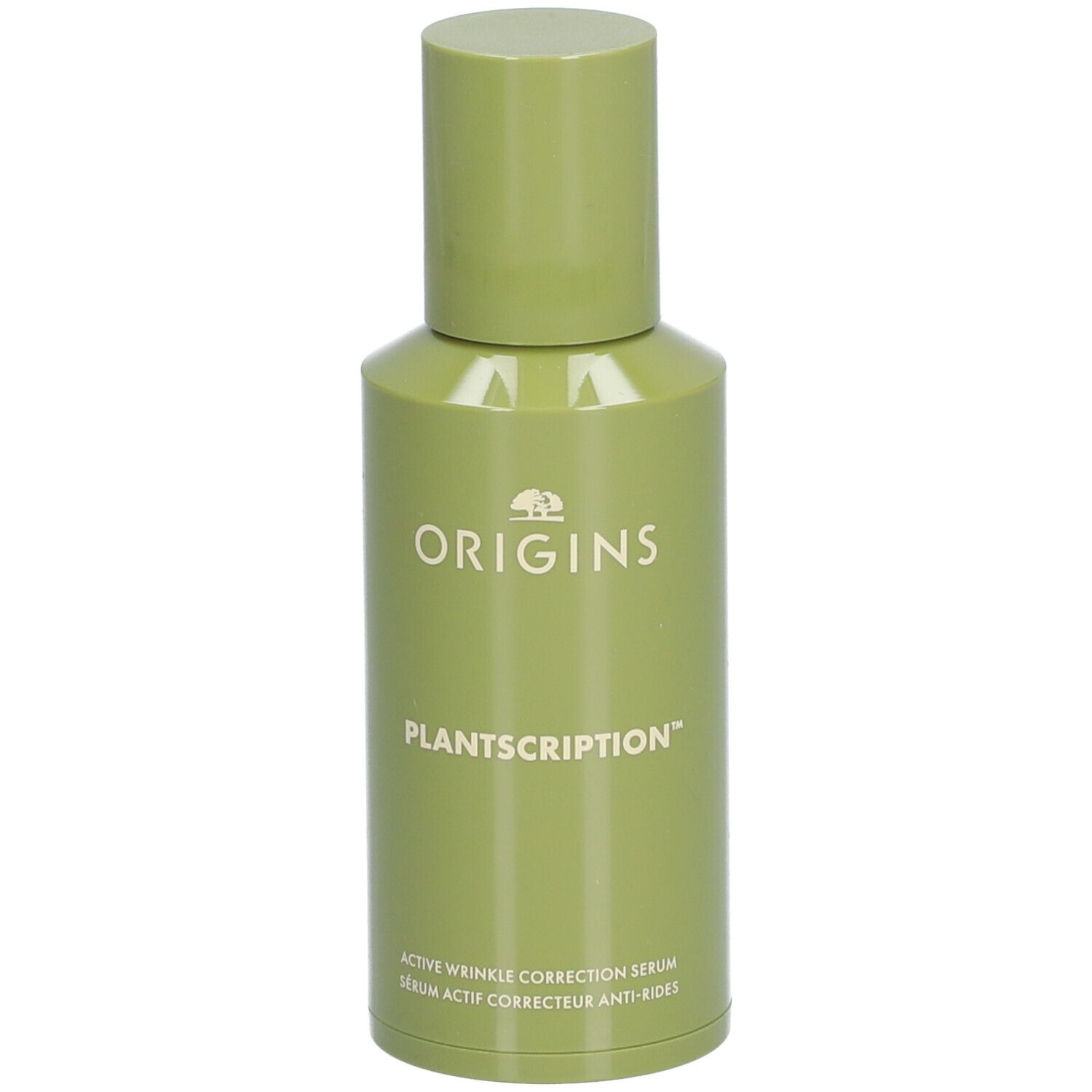 Grüne Flasche mit ORIGINS PLANTSCRITION™ Serum. Text: Active Wrinkle Correction Serum.