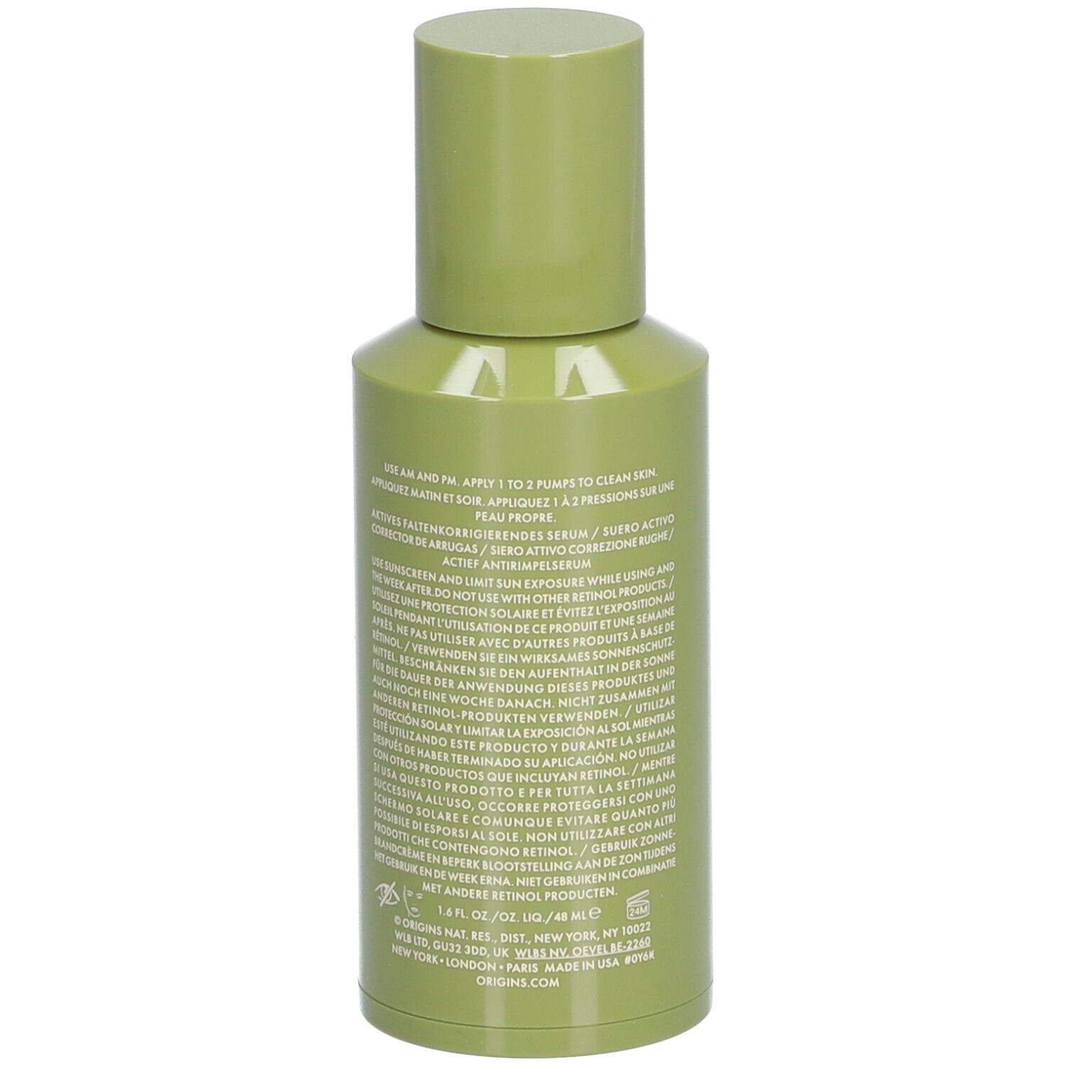 Grüne Flasche ORIGINS PLANTSCRITION™. Rückseite mit Text. Active Wrinkle Correction Serum.