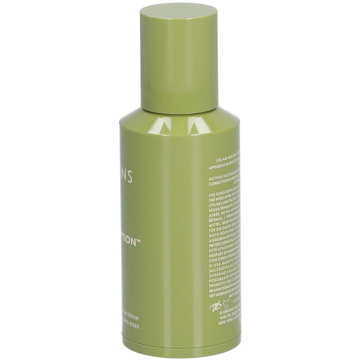 Grüne Flasche ORIGINS PLANTSCRITION™. Rückseite mit Text. Active Wrinkle Correction Serum.