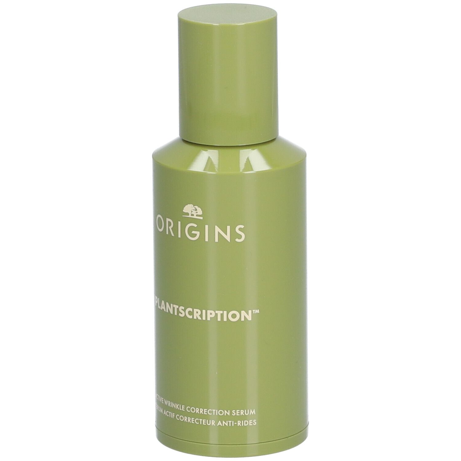 Grüne Flasche ORIGINS PLANTSCRITION™ Serum. Text: Active Wrinkle Correction Serum.