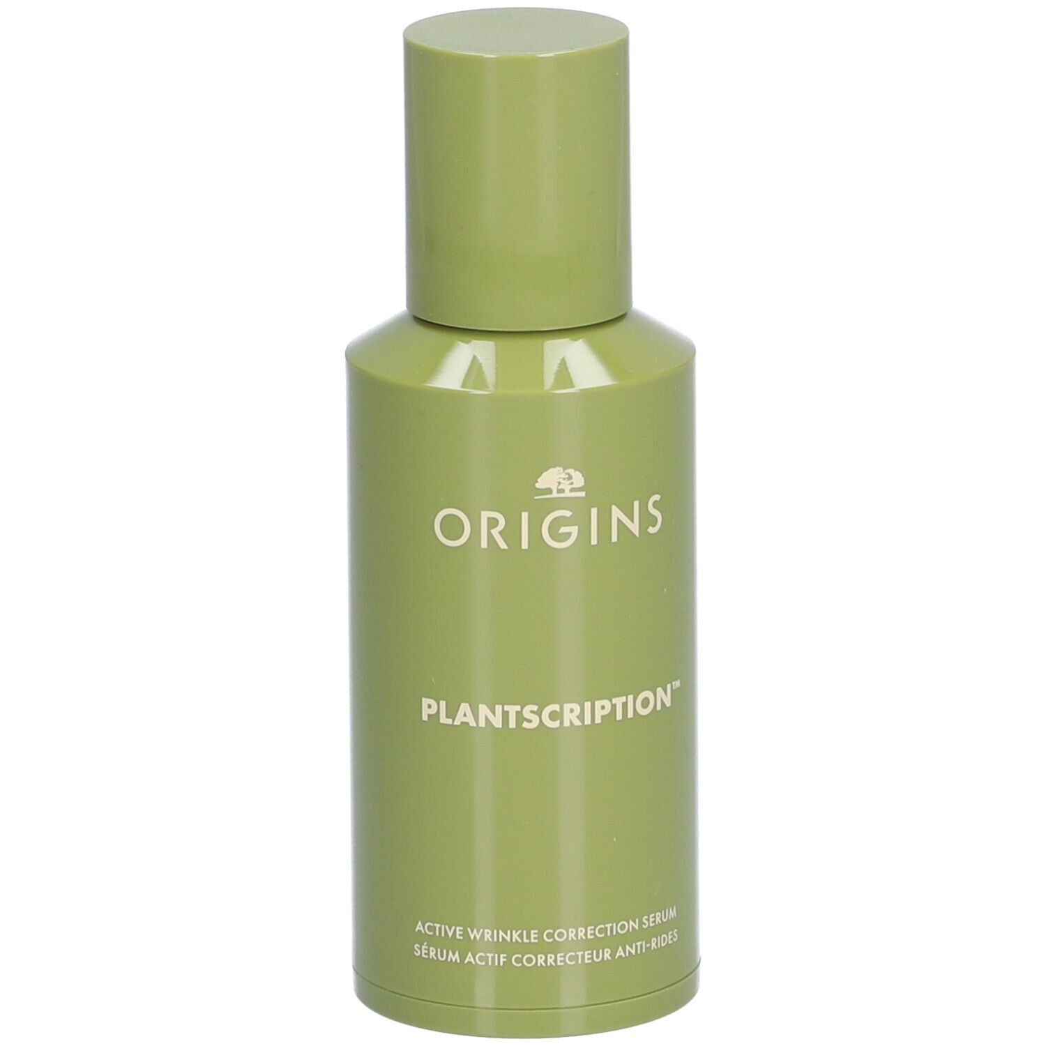 Grüne Flasche ORIGINS PLANTSCRITION™ Serum. Text: Active Wrinkle Correction Serum.