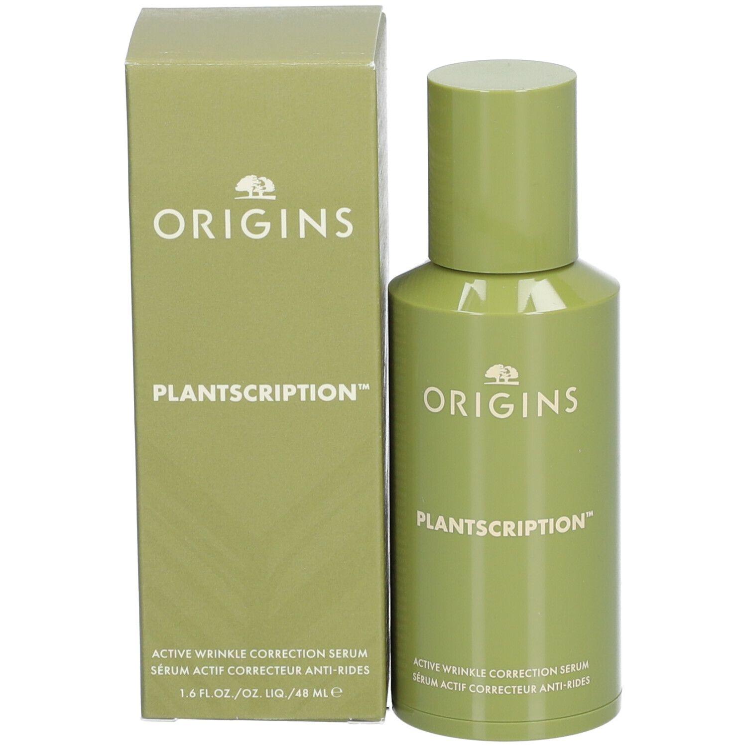 ORIGINS PLANTSCRITION™ Serum und Verpackung. Text: Active Wrinkle Correction Serum.