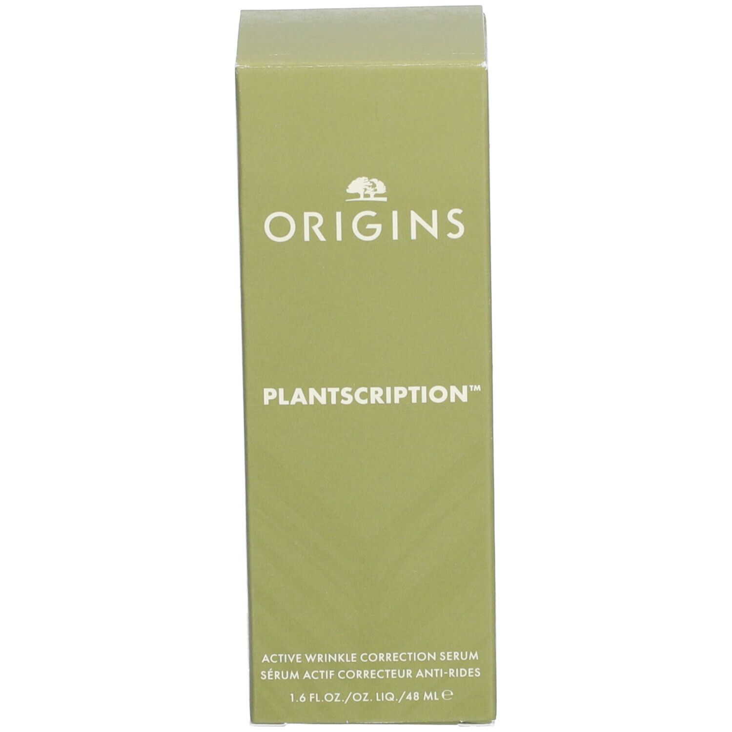 Grüne Verpackung ORIGINS PLANTSCRITION™ Serum. Text: Active Wrinkle Correction Serum.