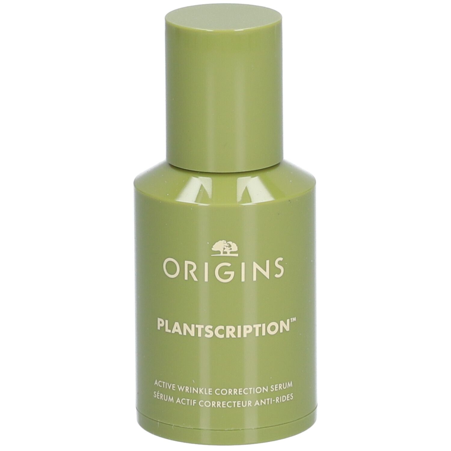 Grüne Flasche mit weißem ORIGINS-Logo und PLANTSRIPTION-Schriftzug. Enthält Active Wrinkle Correction Serum.