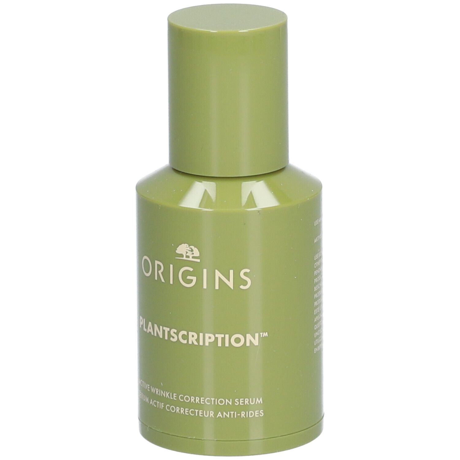 Grüne Flasche mit weißem ORIGINS-Logo und PLANTSRIPTION-Schriftzug. Enthält Active Wrinkle Correction Serum.