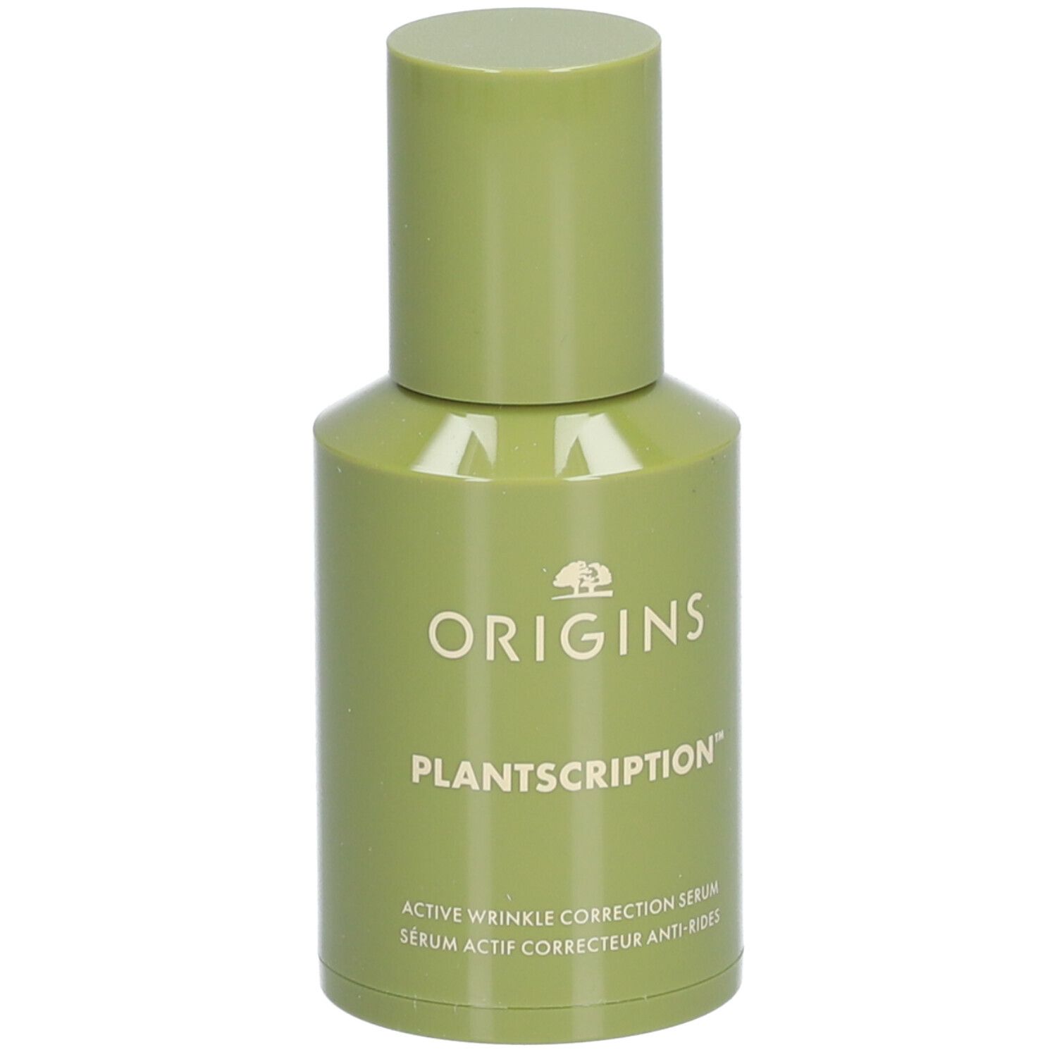 Grüne Flasche mit weißem ORIGINS-Logo und PLANTSRIPTION-Schriftzug. Enthält Active Wrinkle Correction Serum.
