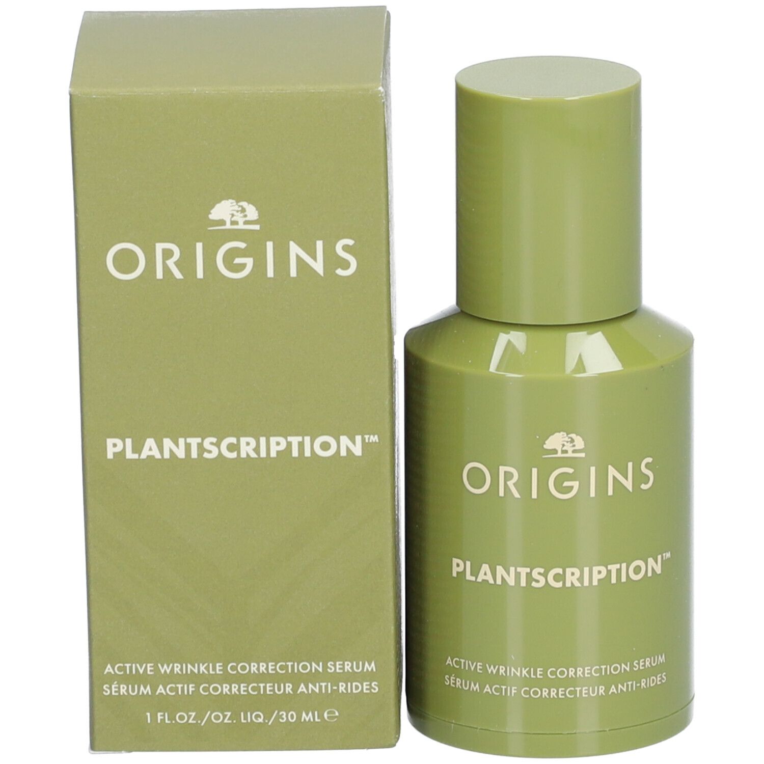 Grüne Flasche und Schachtel mit weißem ORIGINS-Logo und PLANTSRIPTION-Schriftzug. Enthält Active Wrinkle Correction Serum.