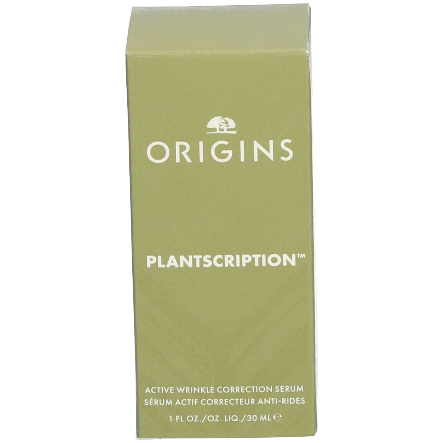 Grüne Schachtel mit weißem ORIGINS-Logo und PLANTSRIPTION-Schriftzug. Enthält Active Wrinkle Correction Serum.