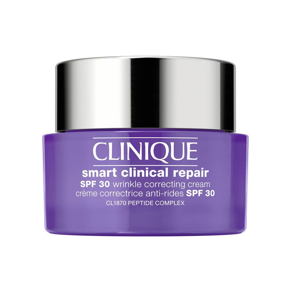 Clinique Smart Clinical Repair Faltenkorrekturcreme mit LSF 30 in einem violetten Tiegel mit silbernem Deckel.