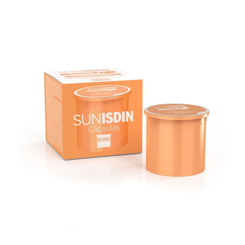 Boîte et récipient orange avec capsules SUNISDIN. Inscription: Cápsulas. Couvercle.