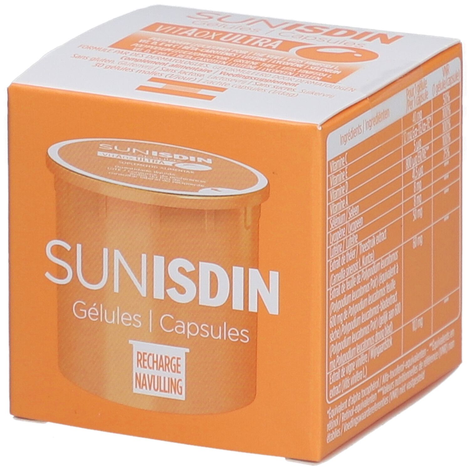 Orangefarbene Schachtel mit SUNISDIN-Kapseln. Aufschrift: Gélules | Capsules. Deckel mit Produktabbildung.