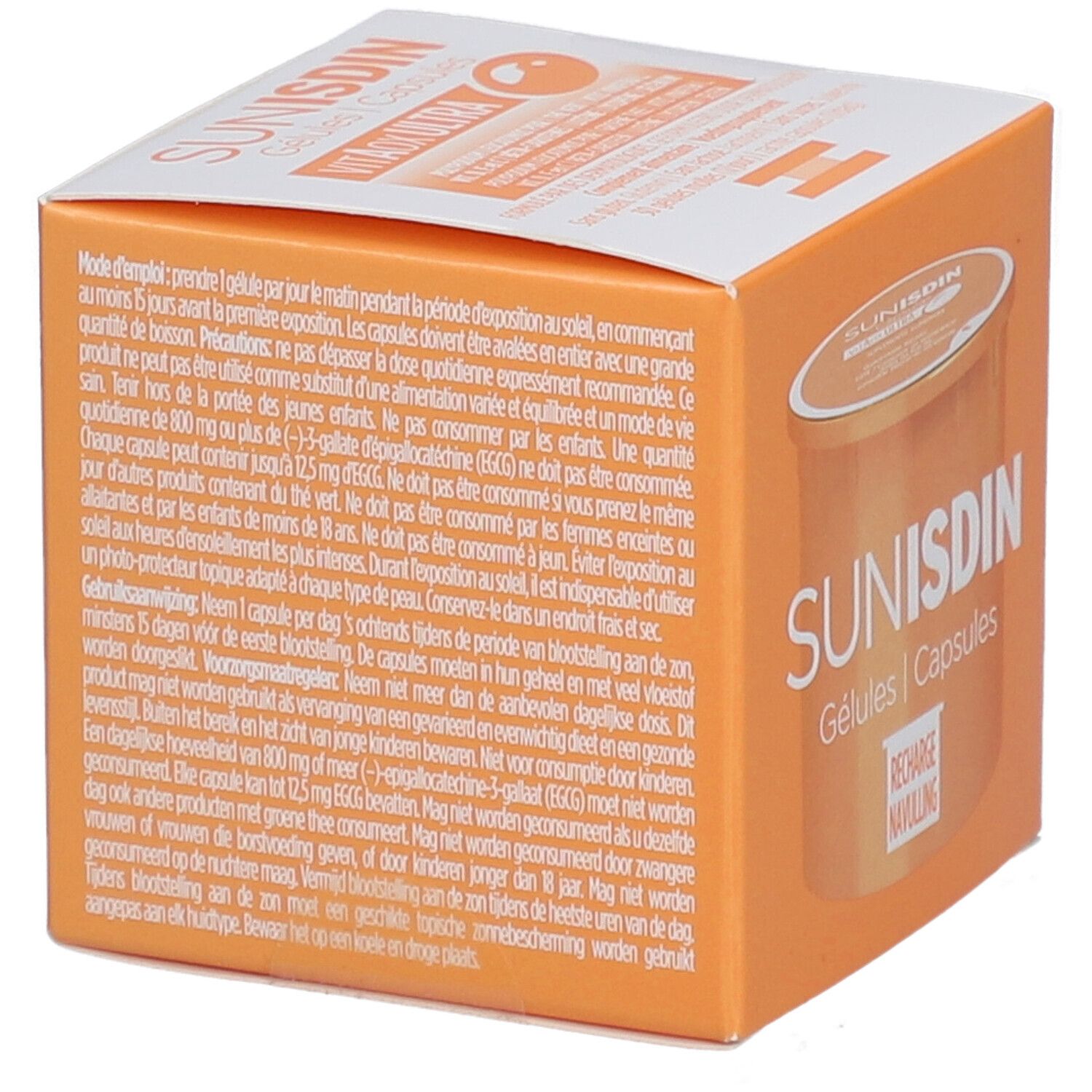 Orangefarbene Schachtel mit Text. Aufschrift: SUNISDIN Gélules | Capsules. Deckel mit Produktabbildung.