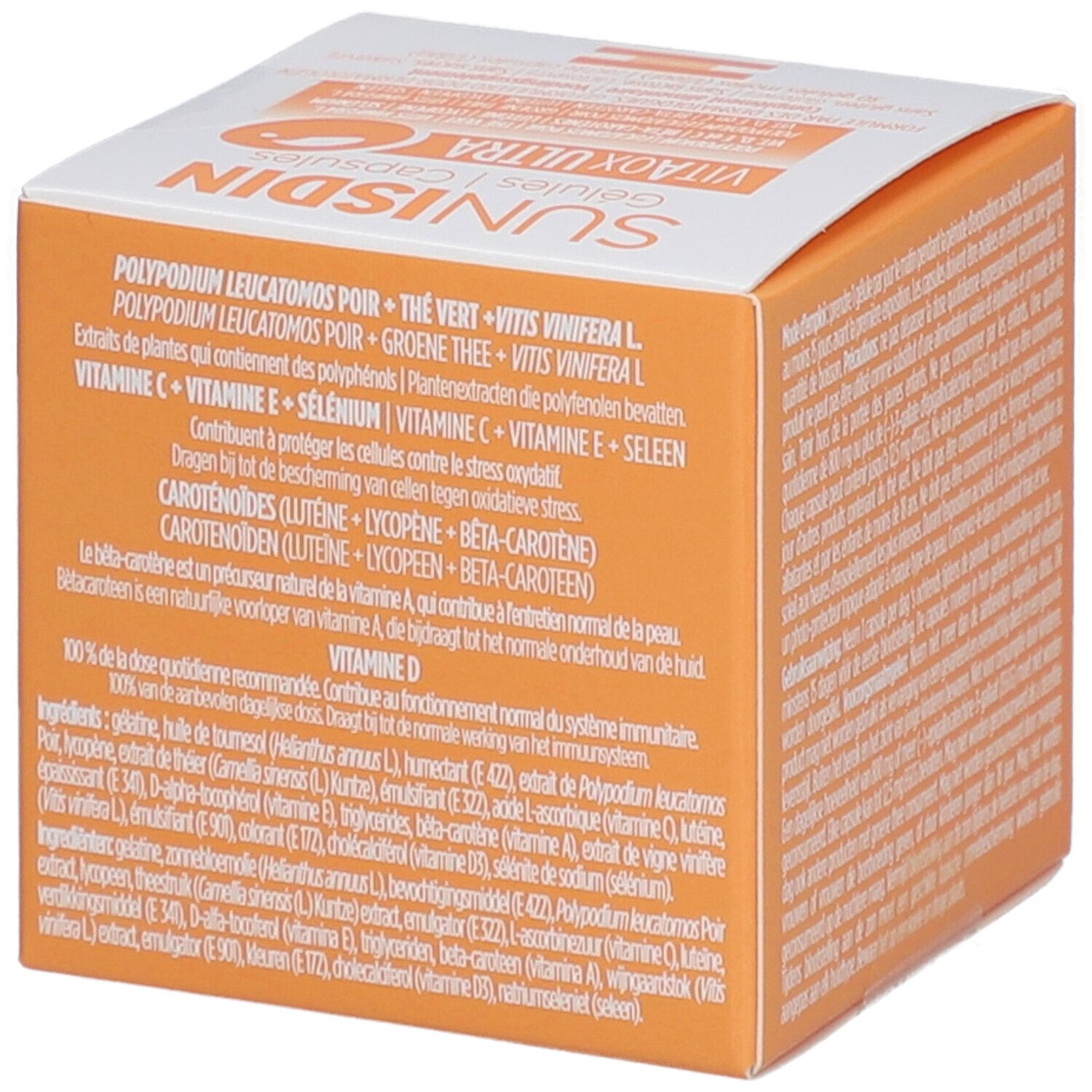 Orangefarbene Schachtel mit Text. Aufschrift: SUNISDIN Gélules | Capsules. Zutatenliste.