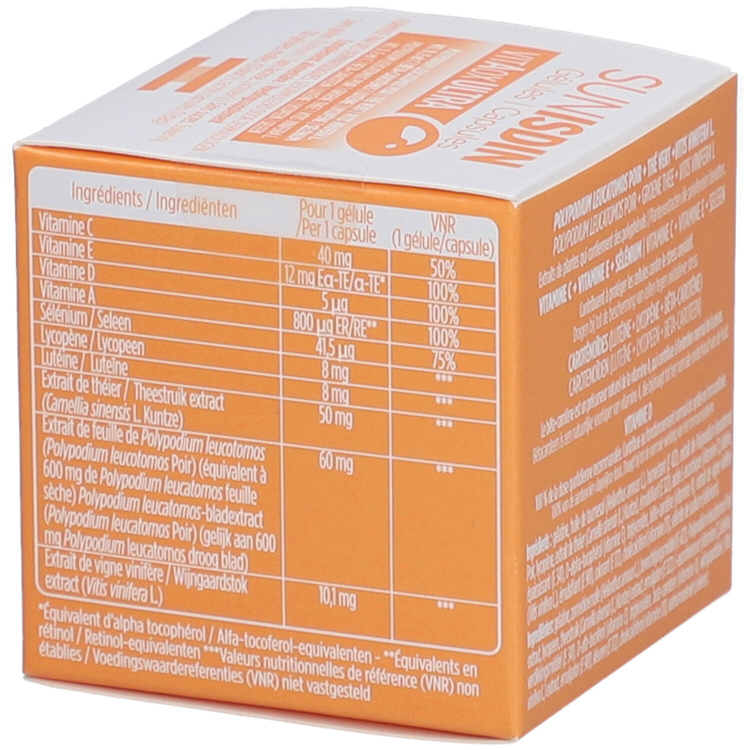 Orangefarbene Schachtel mit Text. Aufschrift: SUNISDIN Gélules | Capsules. Zutatenliste und Nährwertangaben.