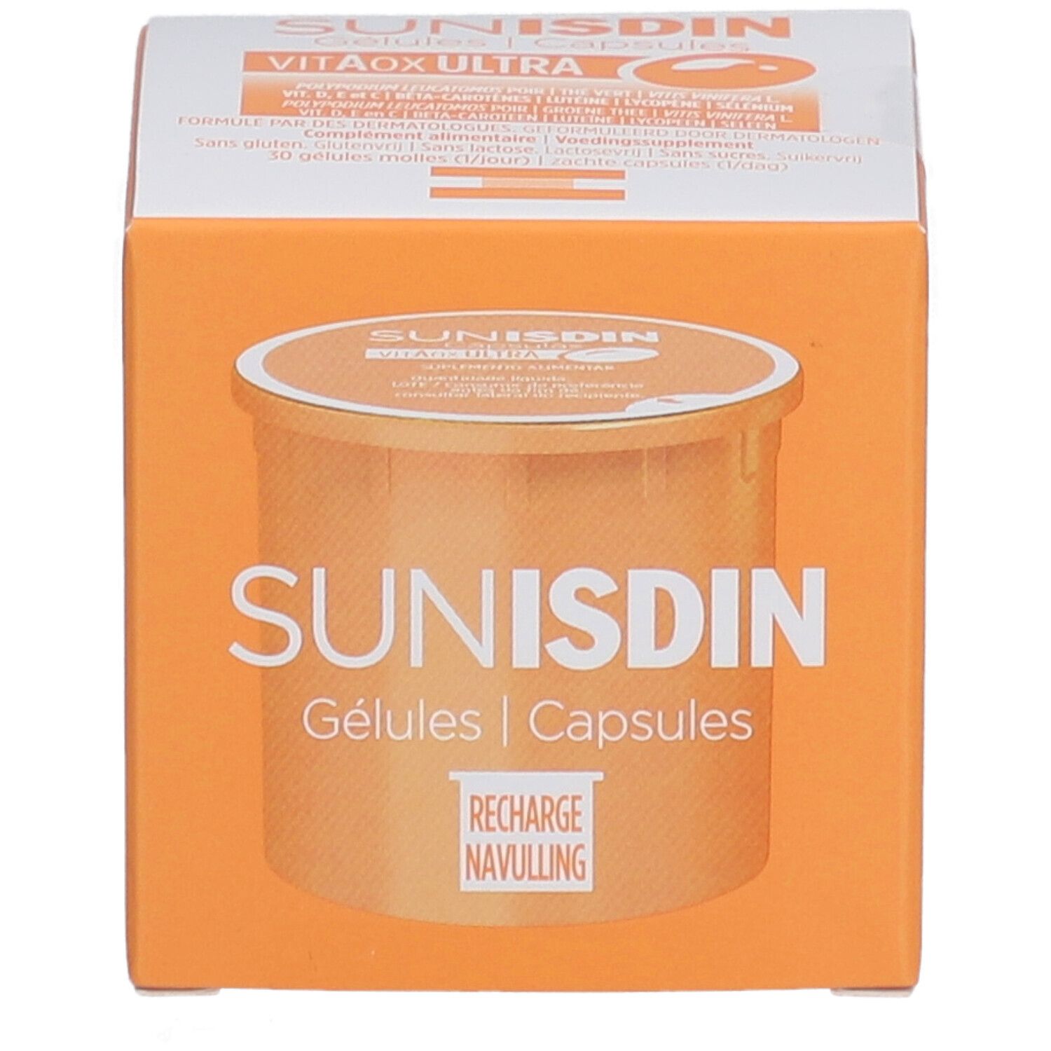 Orangefarbene Schachtel mit SUNISDIN-Kapseln. Aufschrift: Gélules | Capsules. Deckel mit Produktabbildung.