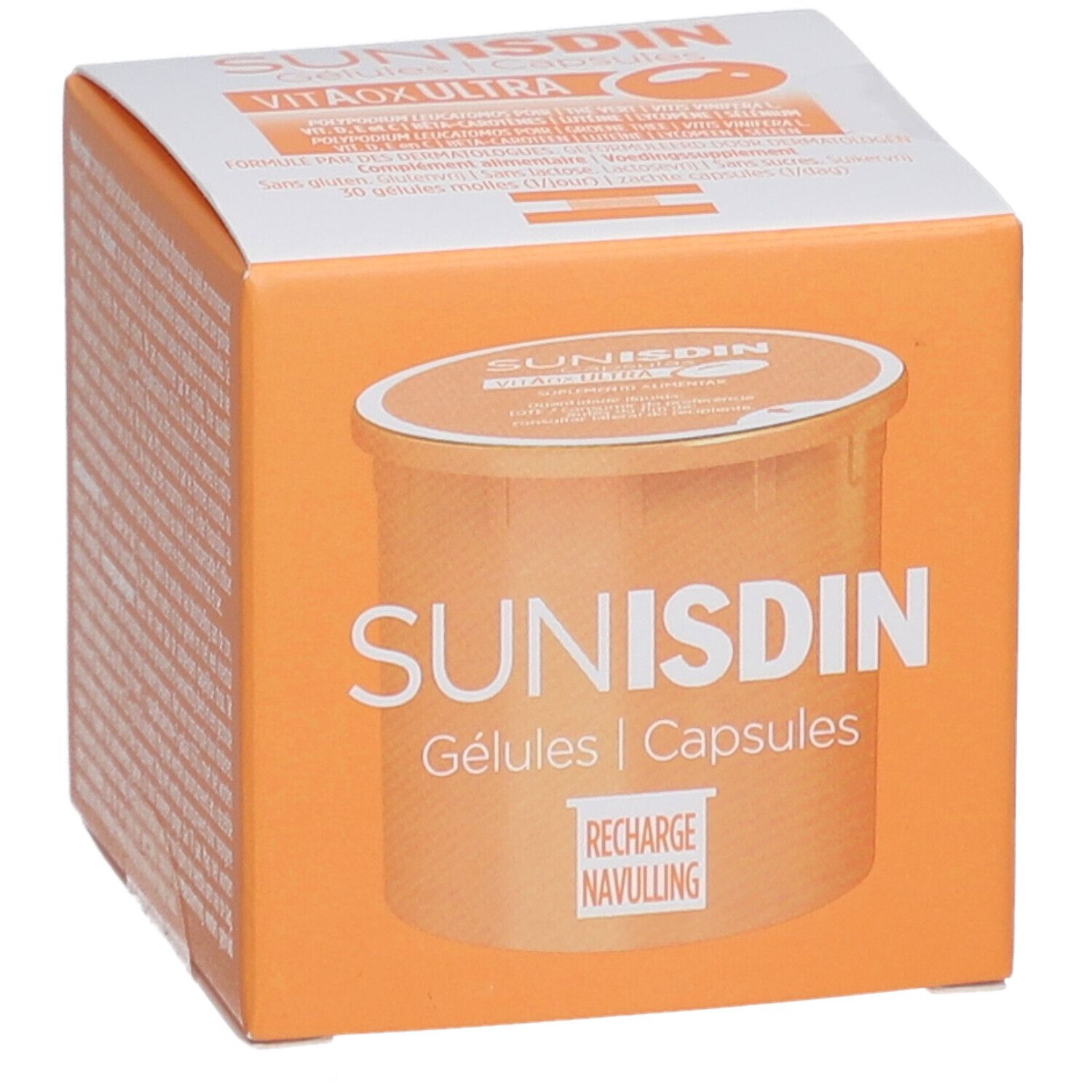 Orangefarbene Schachtel mit SUNISDIN-Kapseln. Aufschrift: Gélules | Capsules. Deckel mit Produktabbildung.