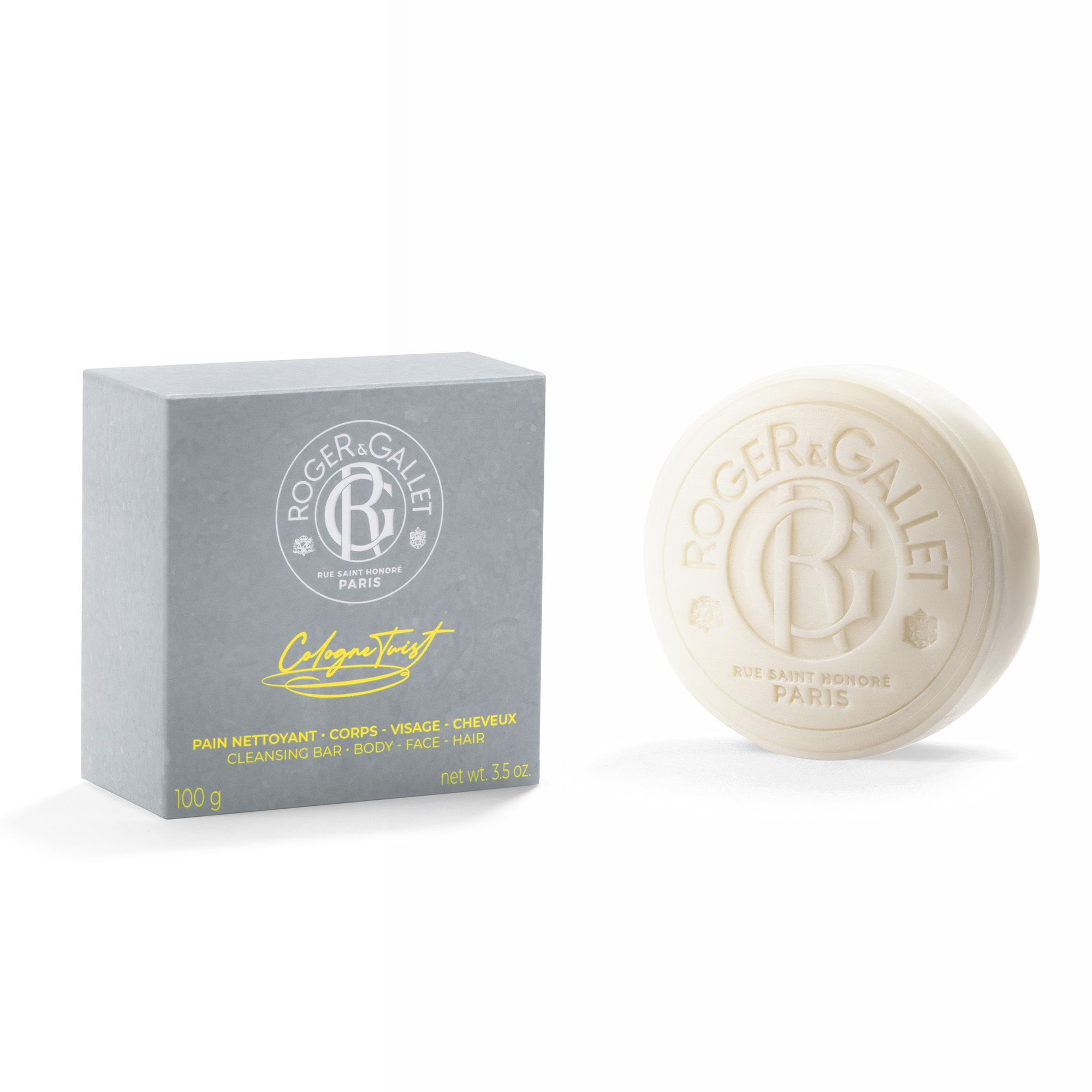 Boîte grise. "Roger & Gallet Cologne Twist" sur la boîte.