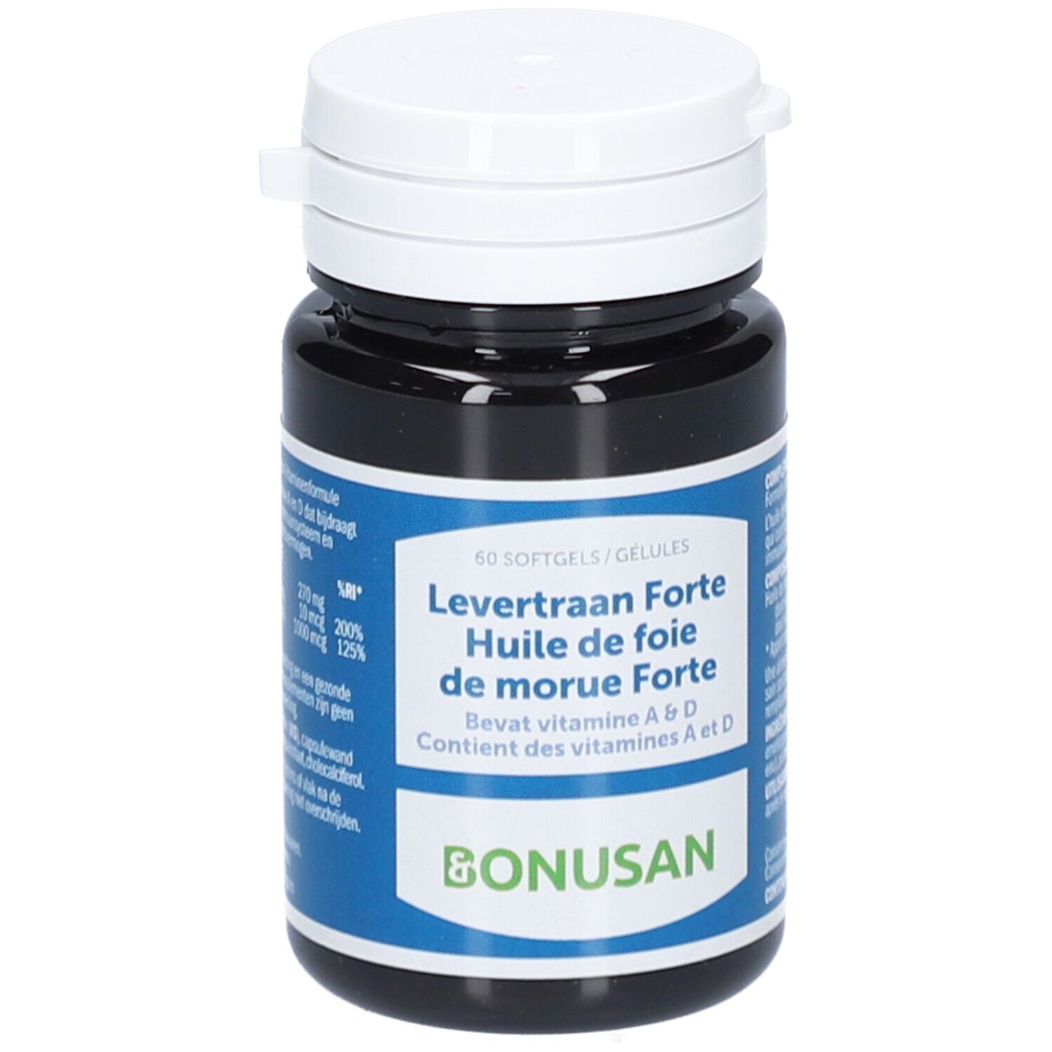 Dunkle Flasche mit weißem Deckel. Aufschrift: Lebertran Forte, Bonusan. Enthält Vitamin A & D. 60 Softgels.