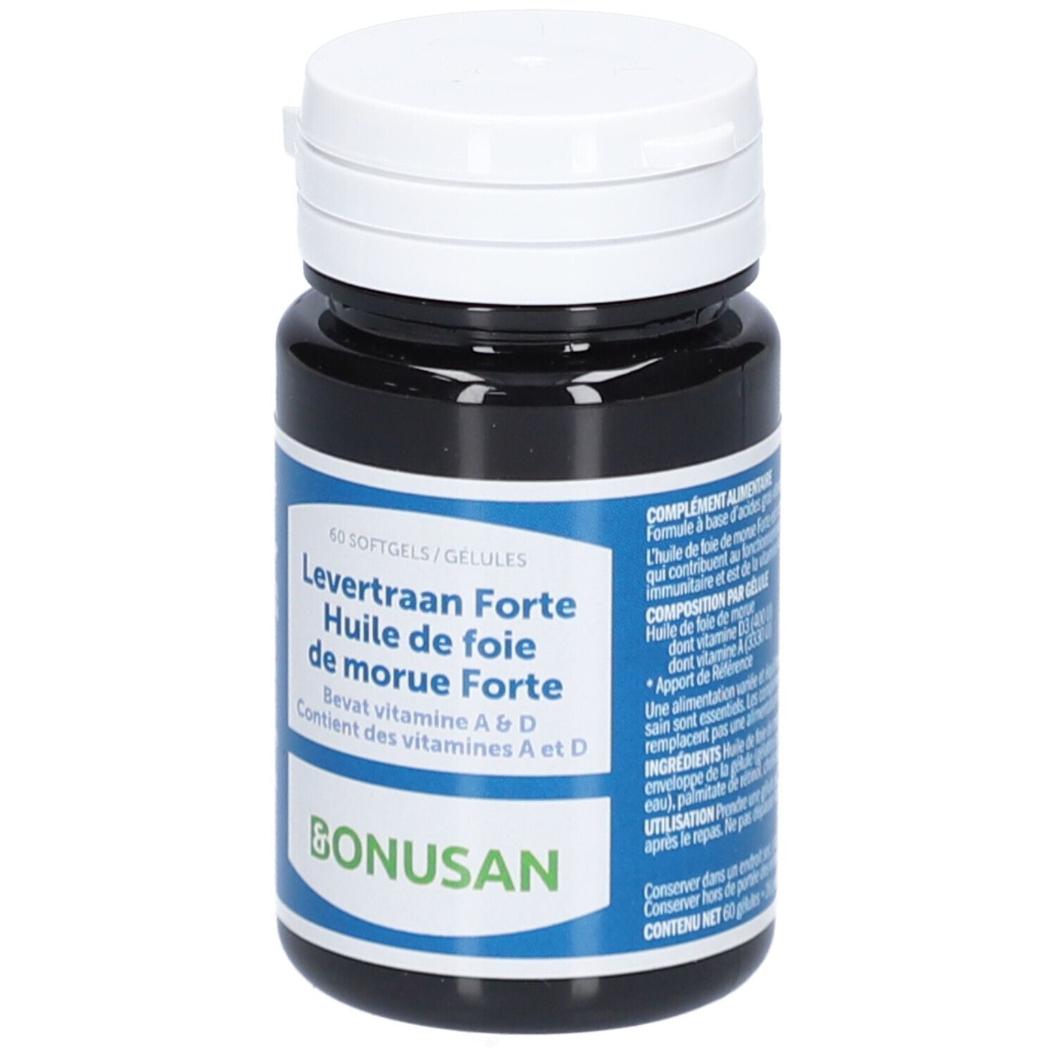 Dunkle Flasche mit weißem Deckel. Aufschrift: Lebertran Forte, Bonusan. Enthält Vitamin A & D. 60 Softgels.