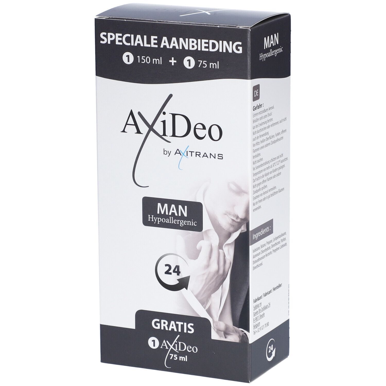 Verpackung mit Produktnamen und Zusatzangeboten. Text: "SPECIALE AANBIEDING", "MAN", "Hypoallergenic", "GRATIS".