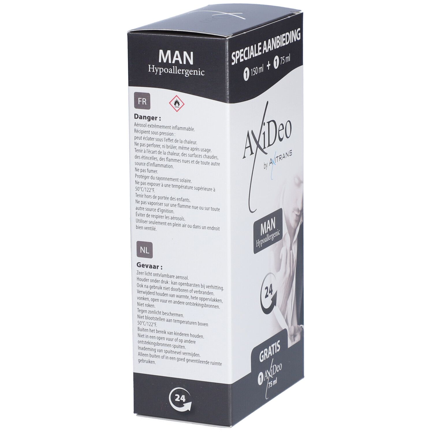 Produktverpackung mit Text: "MAN", "Hypoallergenic", und Warnhinweisen. Enthält zwei Produkte.