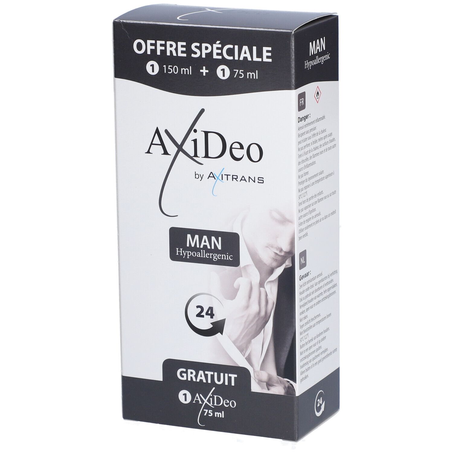 Produktverpackung mit Text: "OFFRE SPÉCIALE", "MAN", "Hypoallergenic", und "GRATIS".