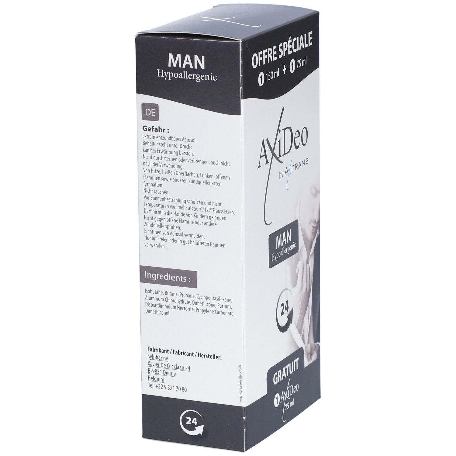 Produktverpackung mit Text: "MAN", "Hypoallergenic", und Inhaltsstoffen. Enthält zwei Produkte.