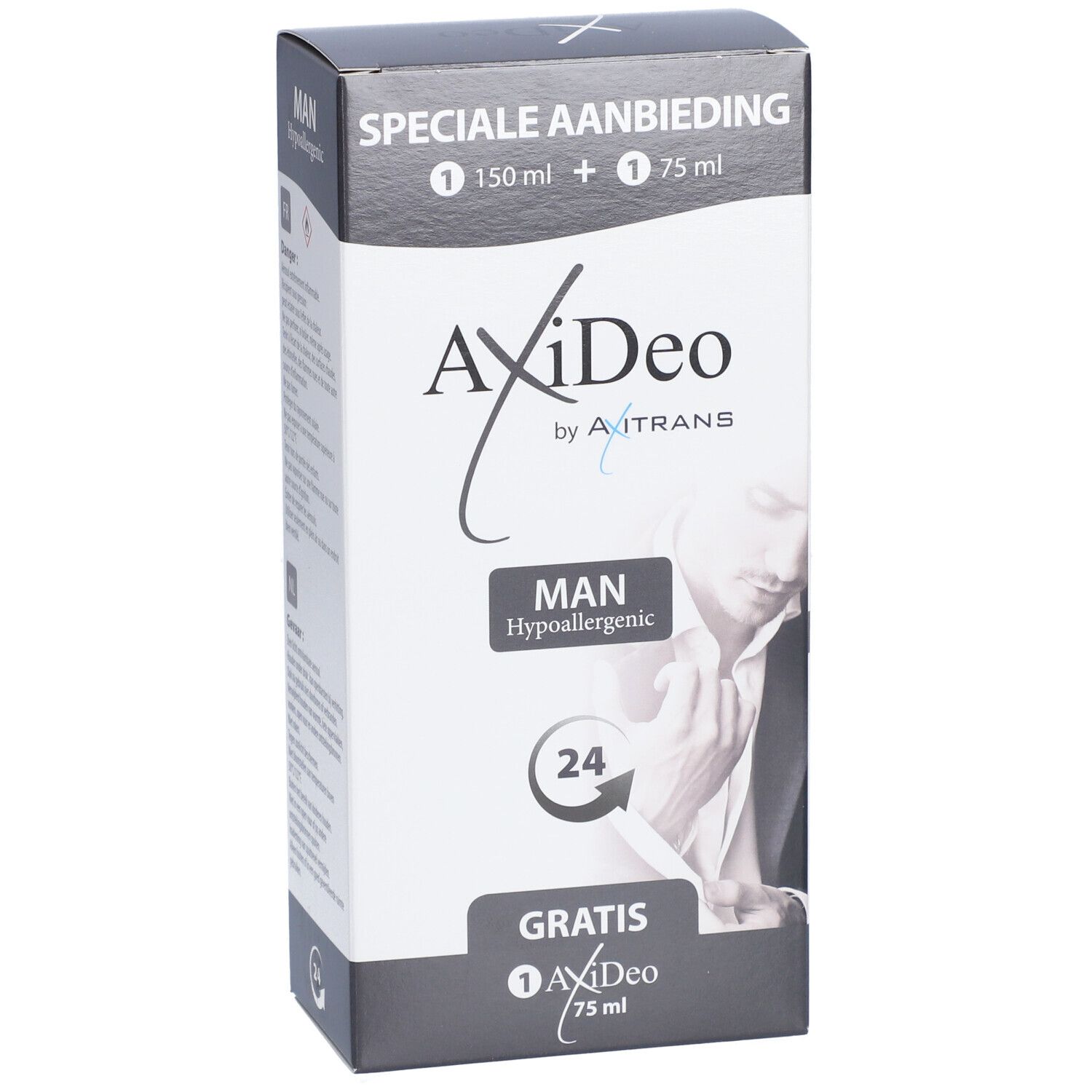 Produktverpackung mit Text: "SPECIALE AANBIEDING", "MAN", "Hypoallergenic", und "GRATIS".