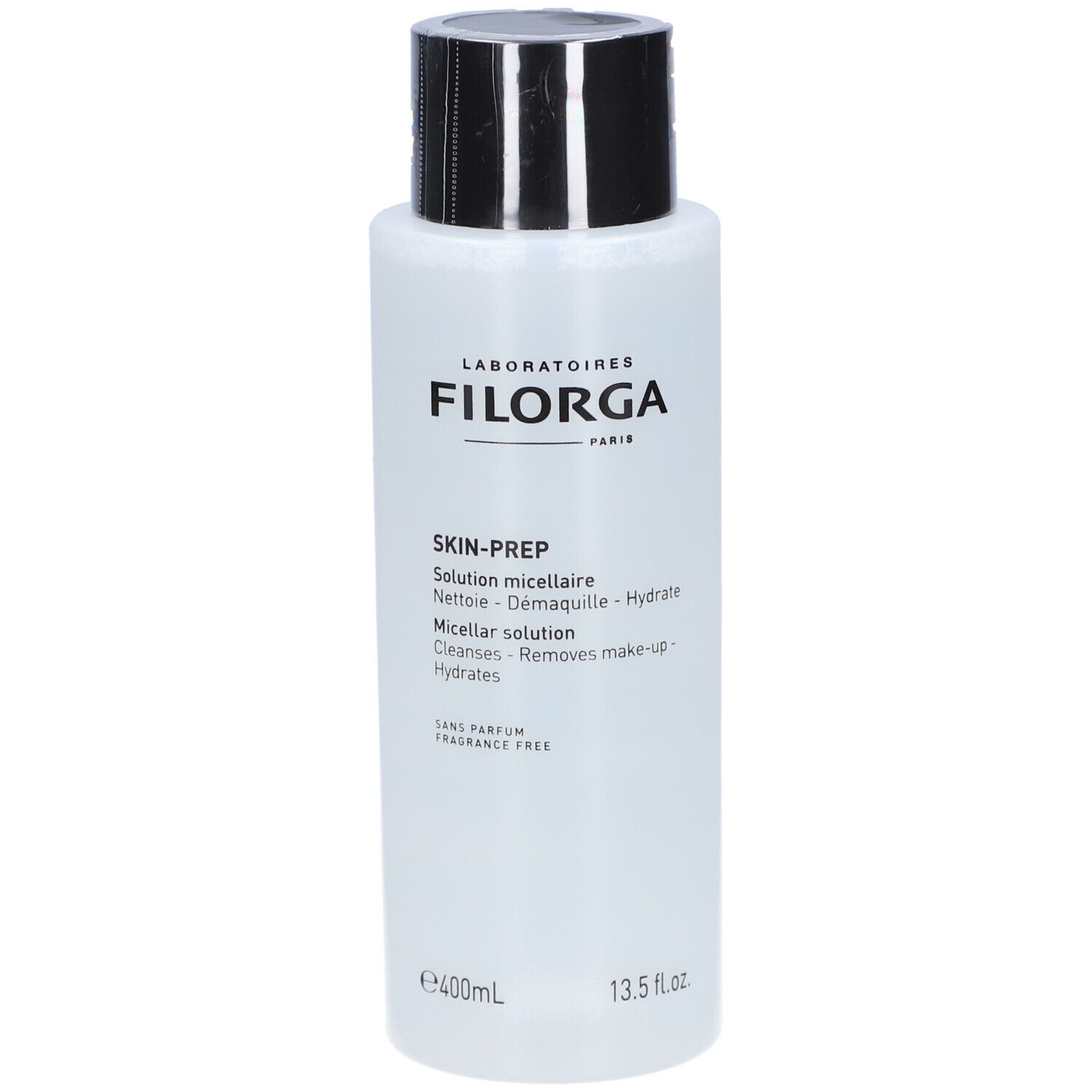 Filorga Skin-Prep Mizellare Lösung. Flasche mit schwarzem Deckel. Text: Skin-Prep, Micellare Lösung. 400ml, 13.5 fl.oz.