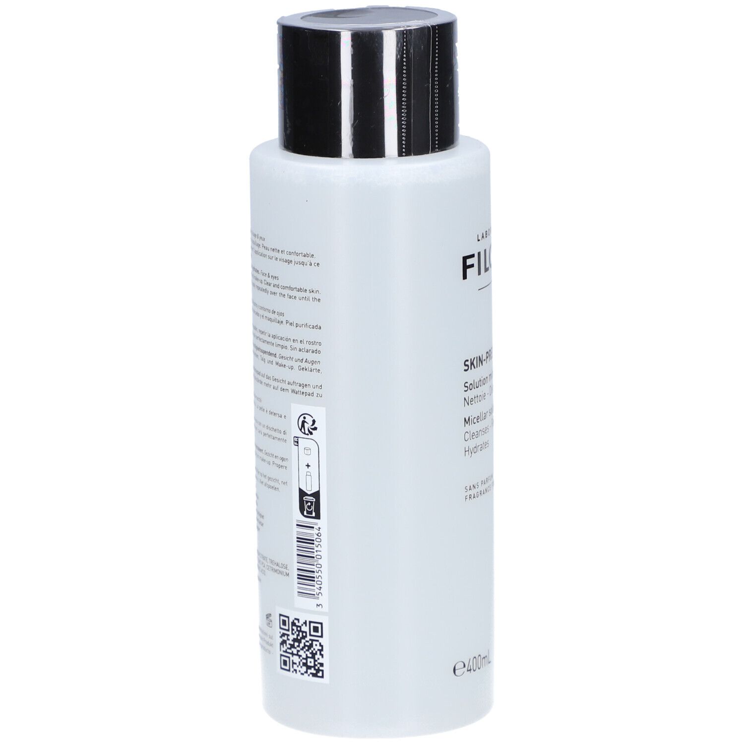 Filorga Skin-Prep Mizellare Lösung. Flasche mit schwarzem Deckel. Text auf der Rückseite. 400ml, 13.5 fl.oz.
