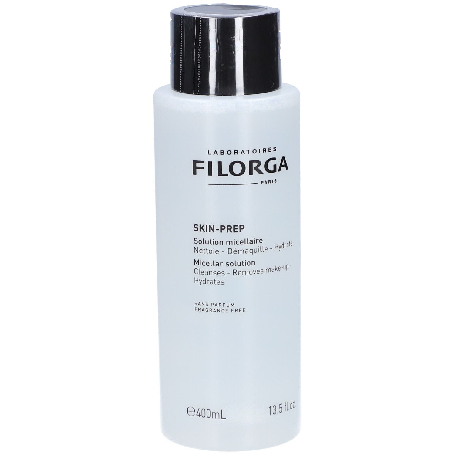 Filorga Skin-Prep Mizellare Lösung. Flasche mit schwarzem Deckel. Text: Skin-Prep, Micellare Lösung. 400ml, 13.5 fl.oz.