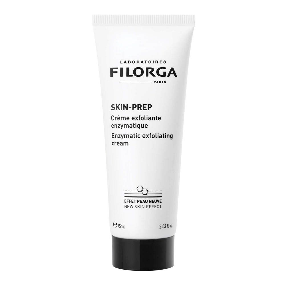 Weiße Tube mit schwarzem Deckel. Aufschrift: FILORGA, SKIN-PREP, Enzymatische Peeling-Creme. 75ml.